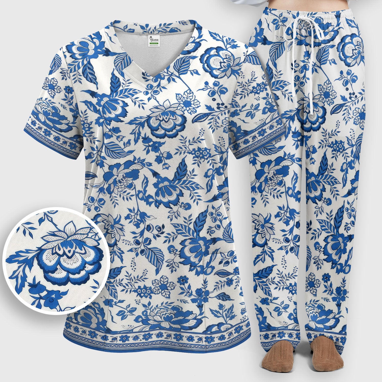 Toile De Jouy Scrub Set For Women, Floral Pattern Nurse Shirt, Comfortable Scrubs For Nursing