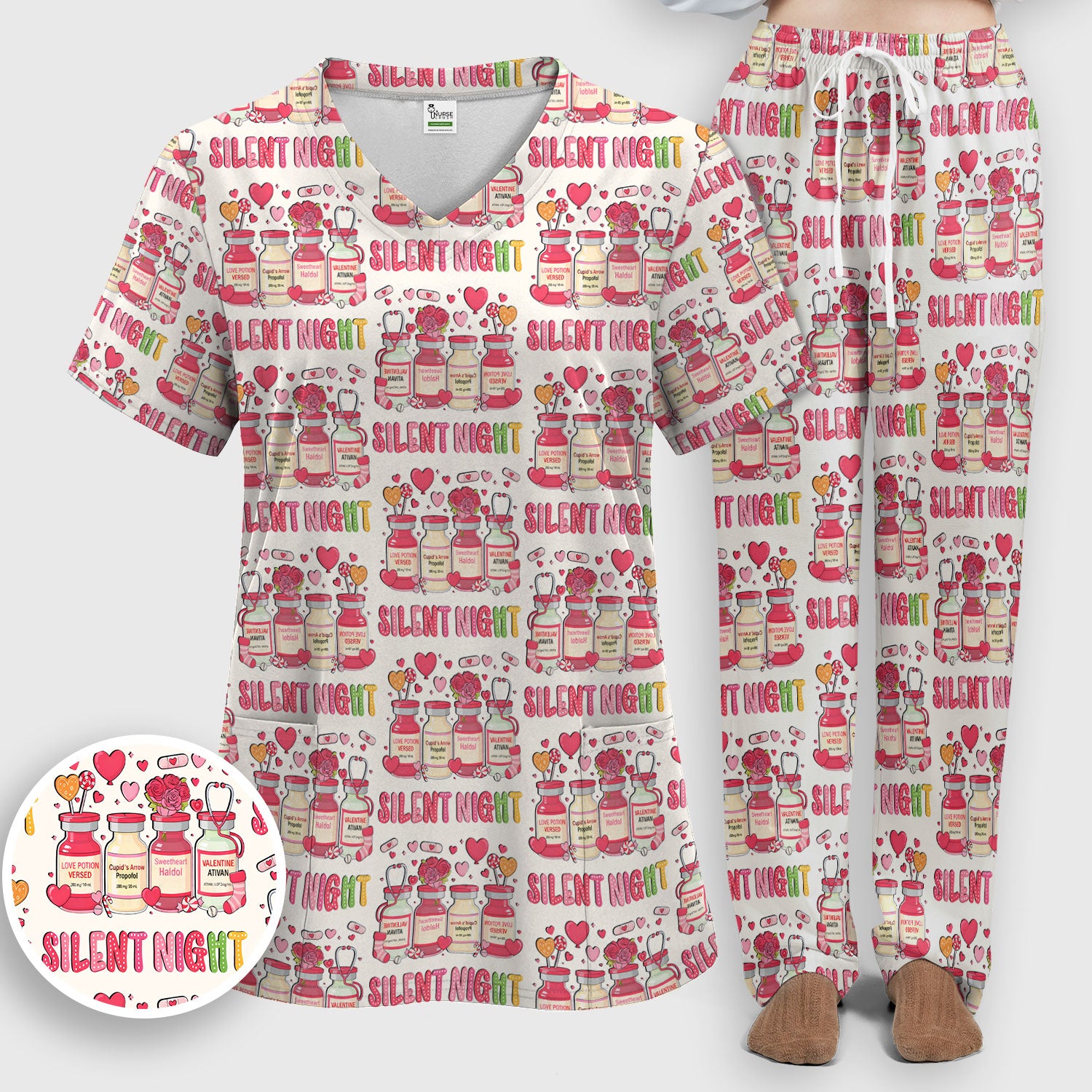 Valentine Silent Night Love Design Scrubs Set, Breathable Med Uniform