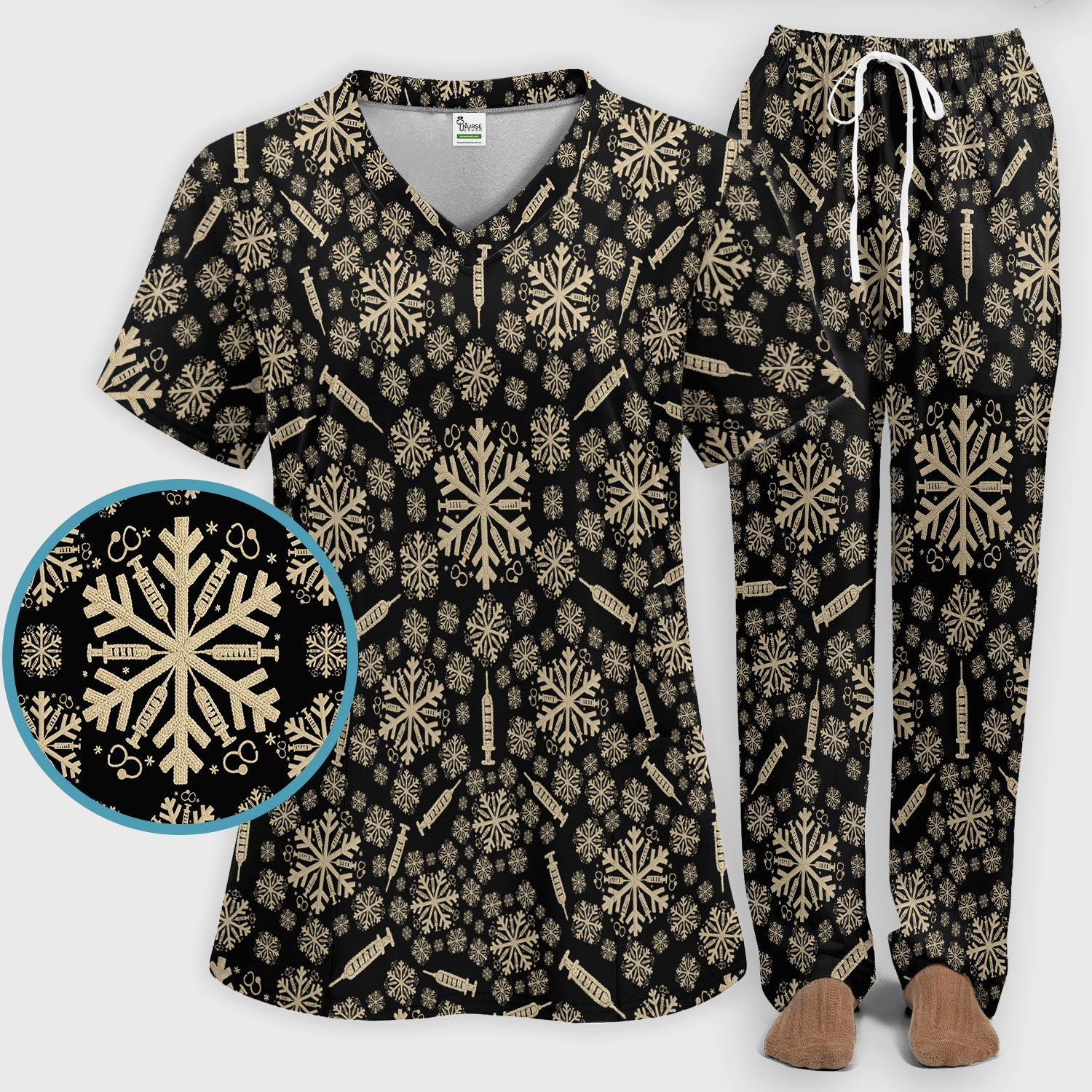 Snowflake Syringe Scrubs Pants and V Neck Top for Women - Winter Snow Medical Set - Funny Christmas Gift for Nurse