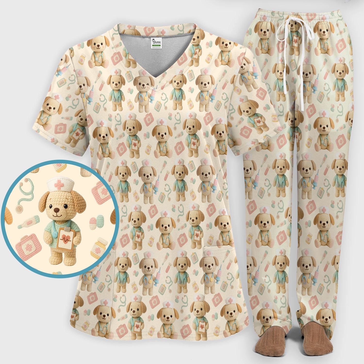 Cute Labrador Scrub Set for Nurse - Pastel Crochet Dog Scrubs Pants and V Neck Top - Adorable Puppy Med Uniform Gift for Women