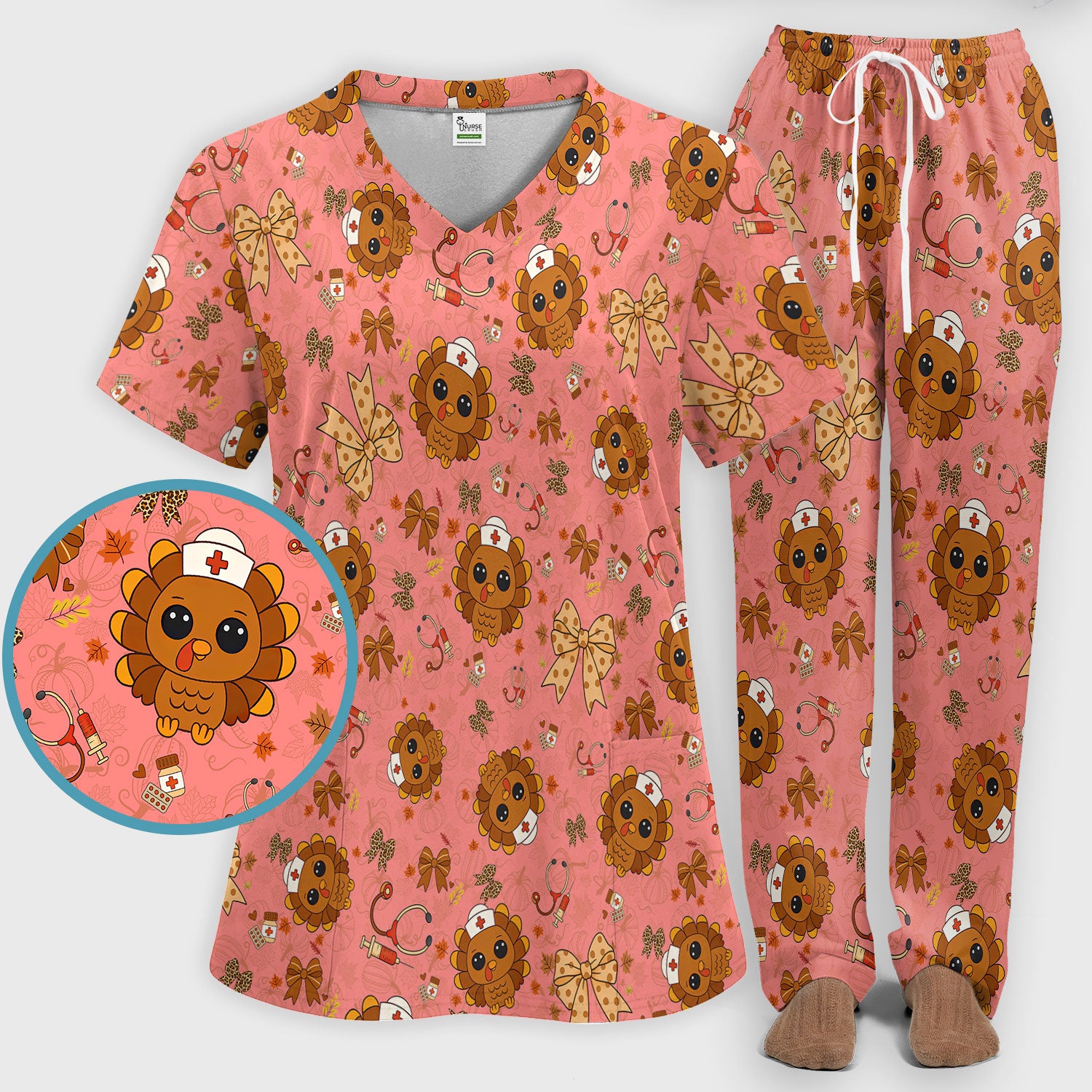 Thanksgiving Turkey Nurse Scrub Set for Women - Cute Fall Leaves and Bow Scrub Pants and V Neck Top - Autumn Medical Uniform