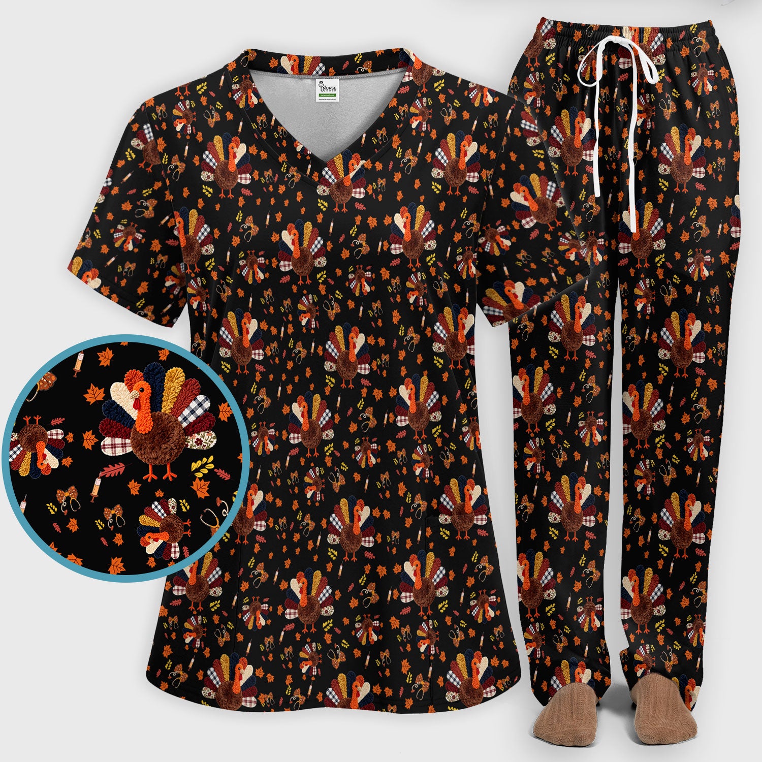 Thanksgiving Women's Scrub Sets - Funny Autumn Turkey Pants and V Neck Top - Breathable Fabrics Nursing Uniform
