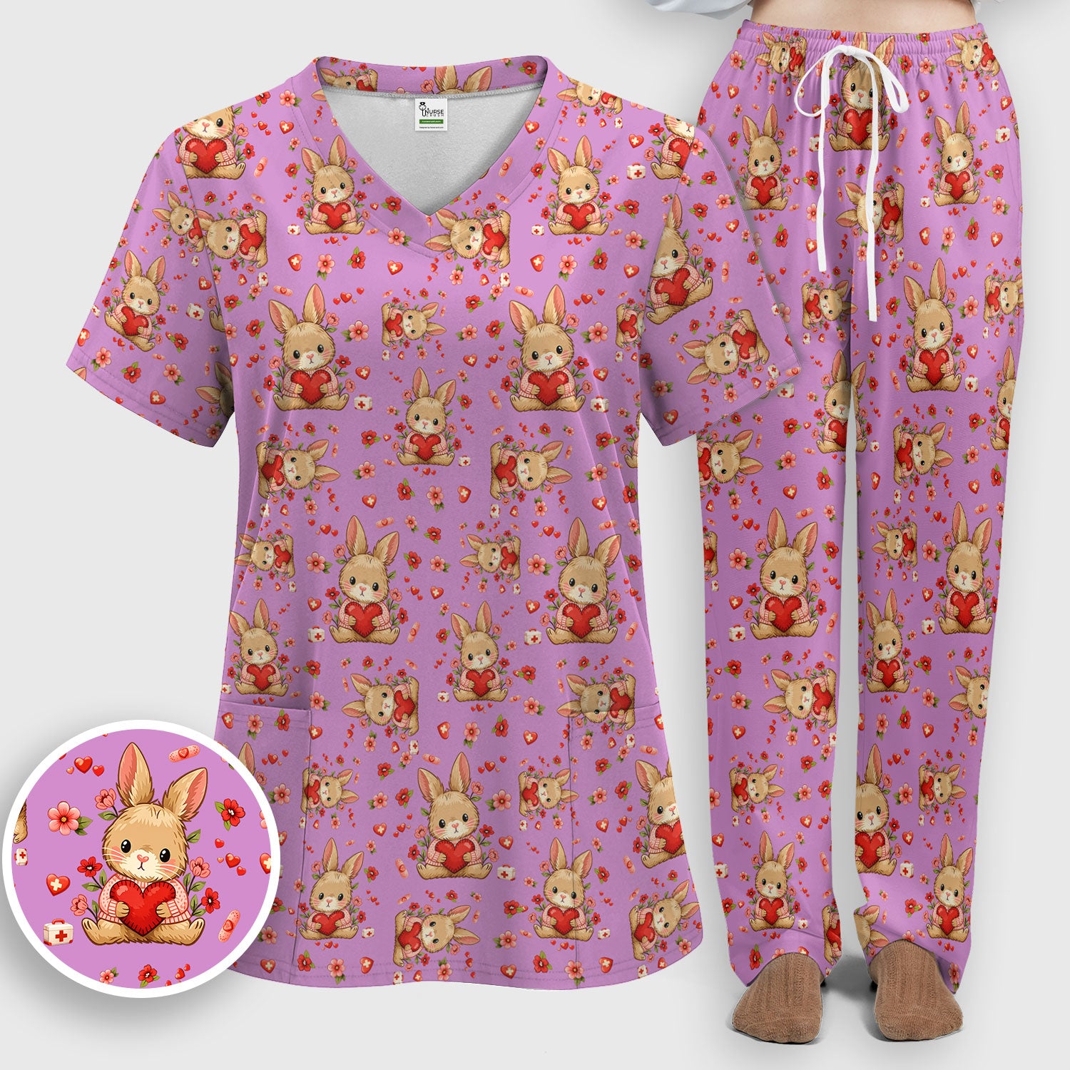 Adorable Bunny Heart Healthcare Design Scrub, Breathable Med Uniform