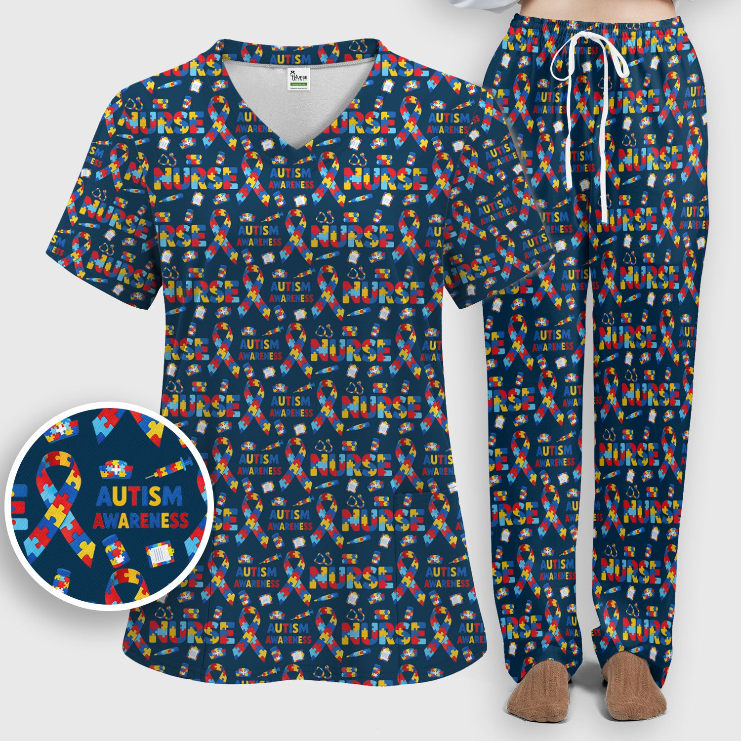 Autism Awareness Nurse Puzzle Ribbon Print Sets,  Breathable Med Uniform