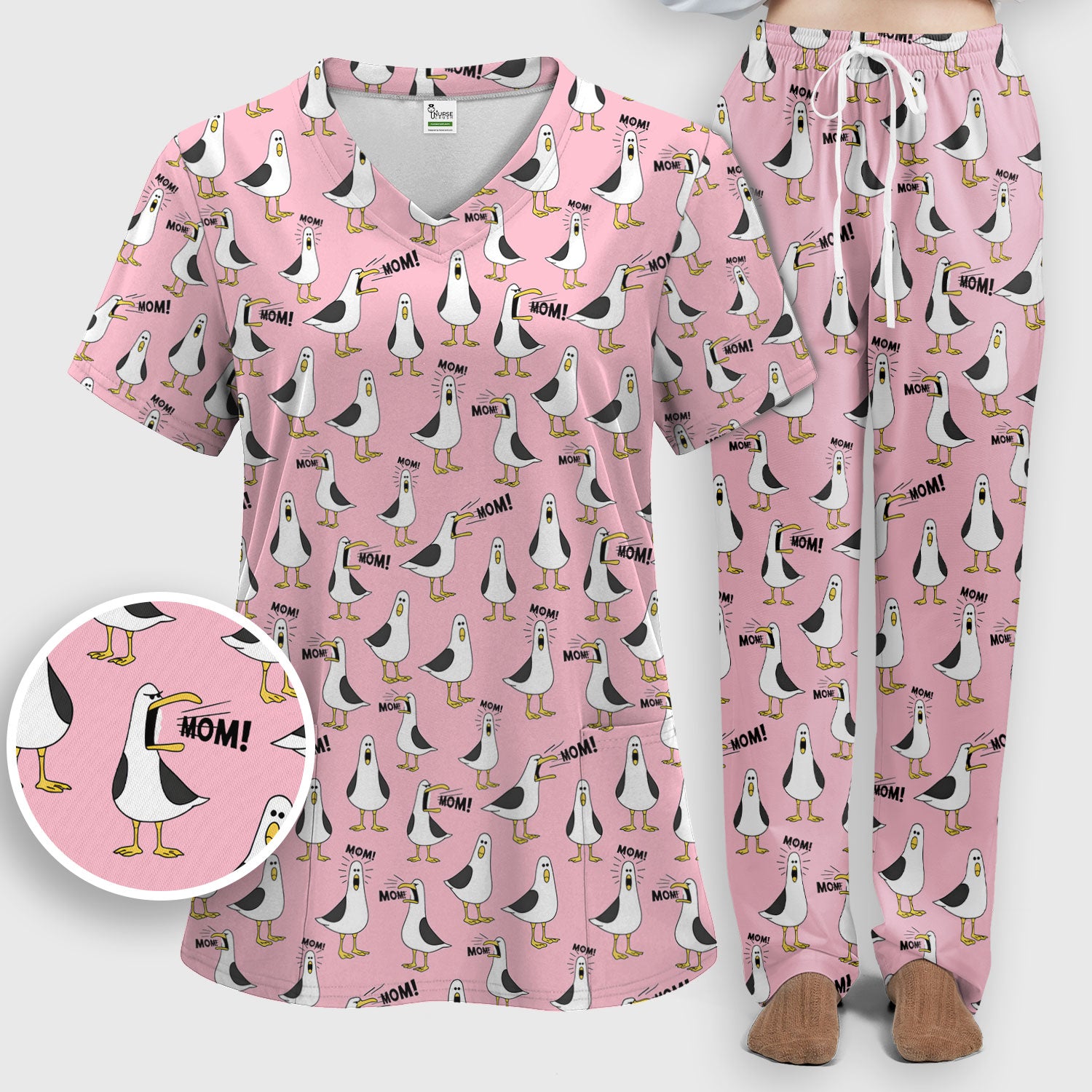 Funny Seagull Mom Seamless Pattern Scrub Set, Scrub Pants and V Neck Top