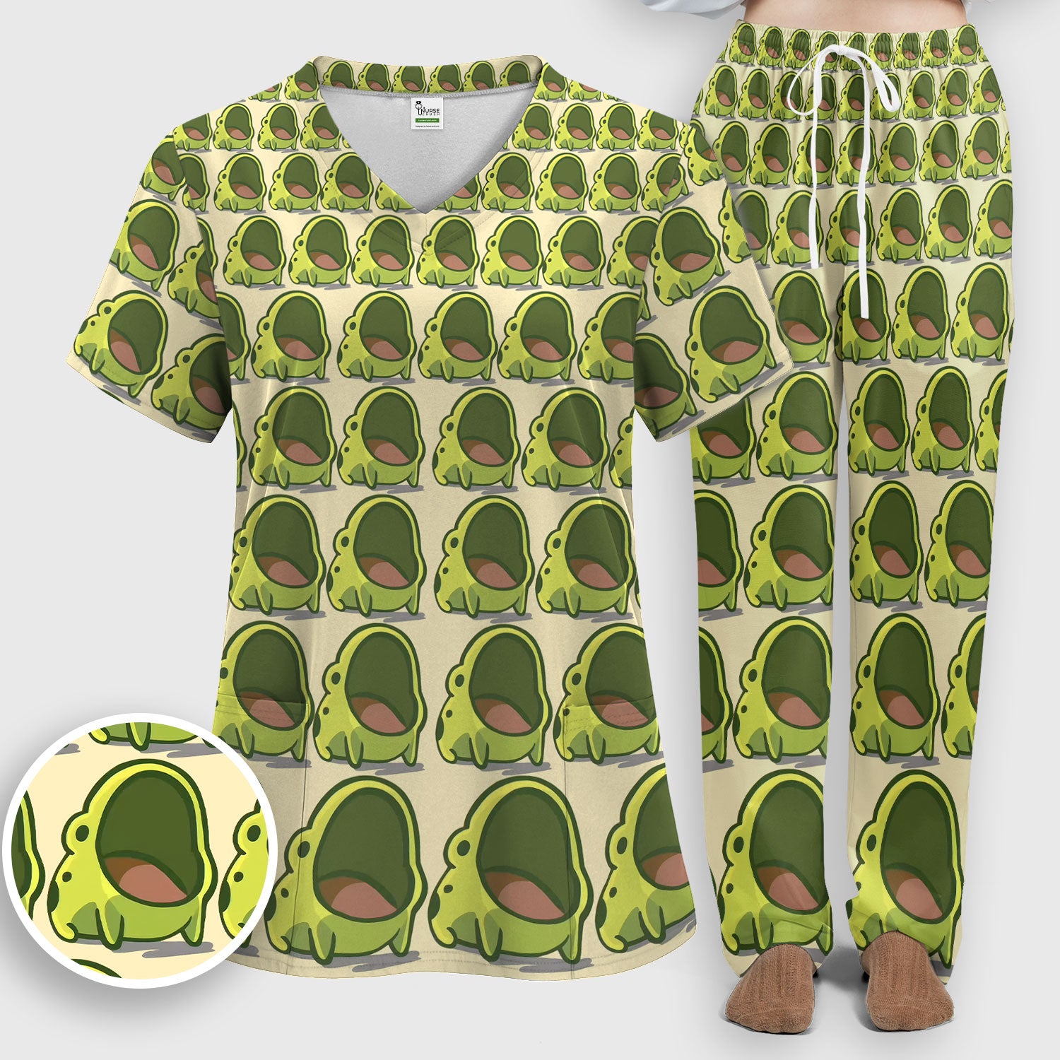 Cute Green Frog Cartoon Print Scrub Set, Scrub Pants and V Neck Top