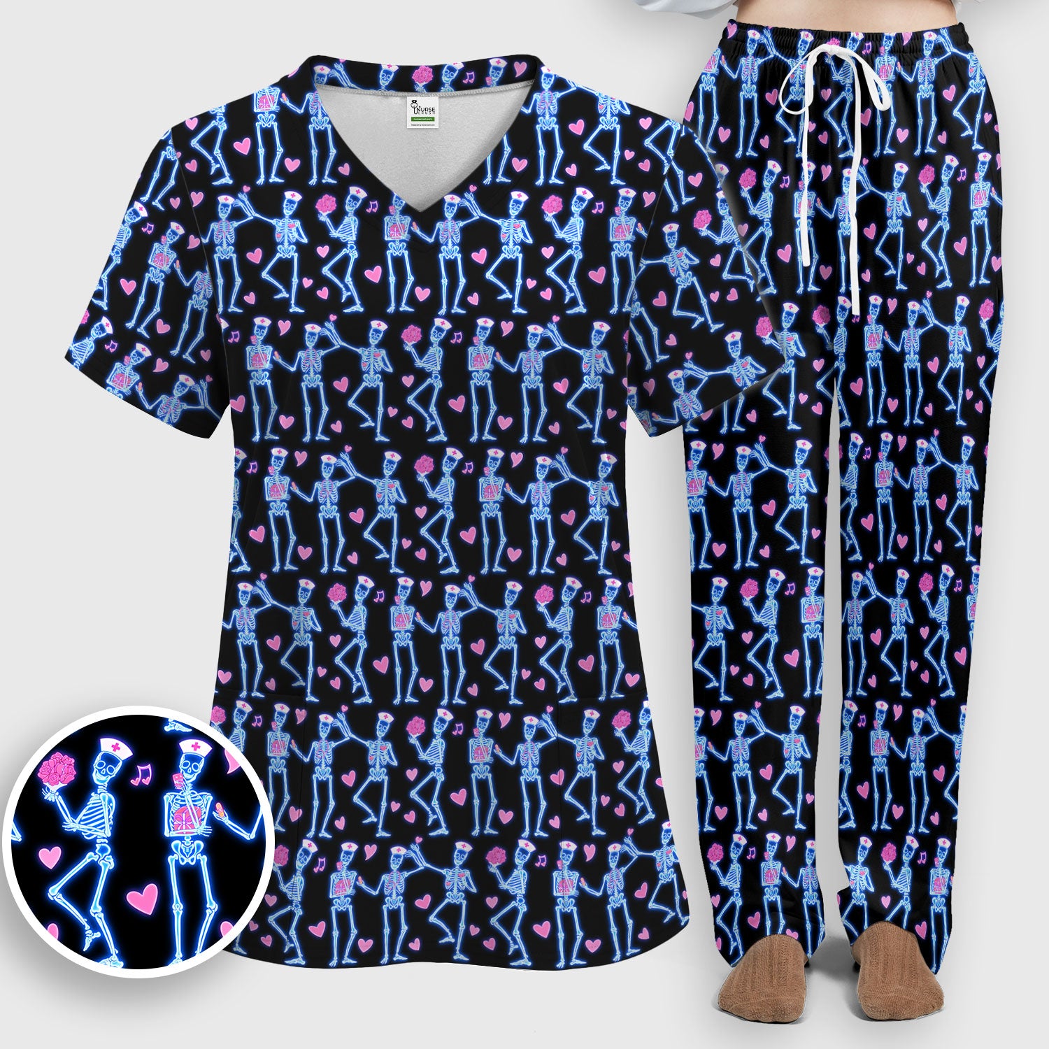 Skeleton Nurse Heart Pattern Scrub Sets, Playful Nurse Style, Scrub Pants and V Neck Top
