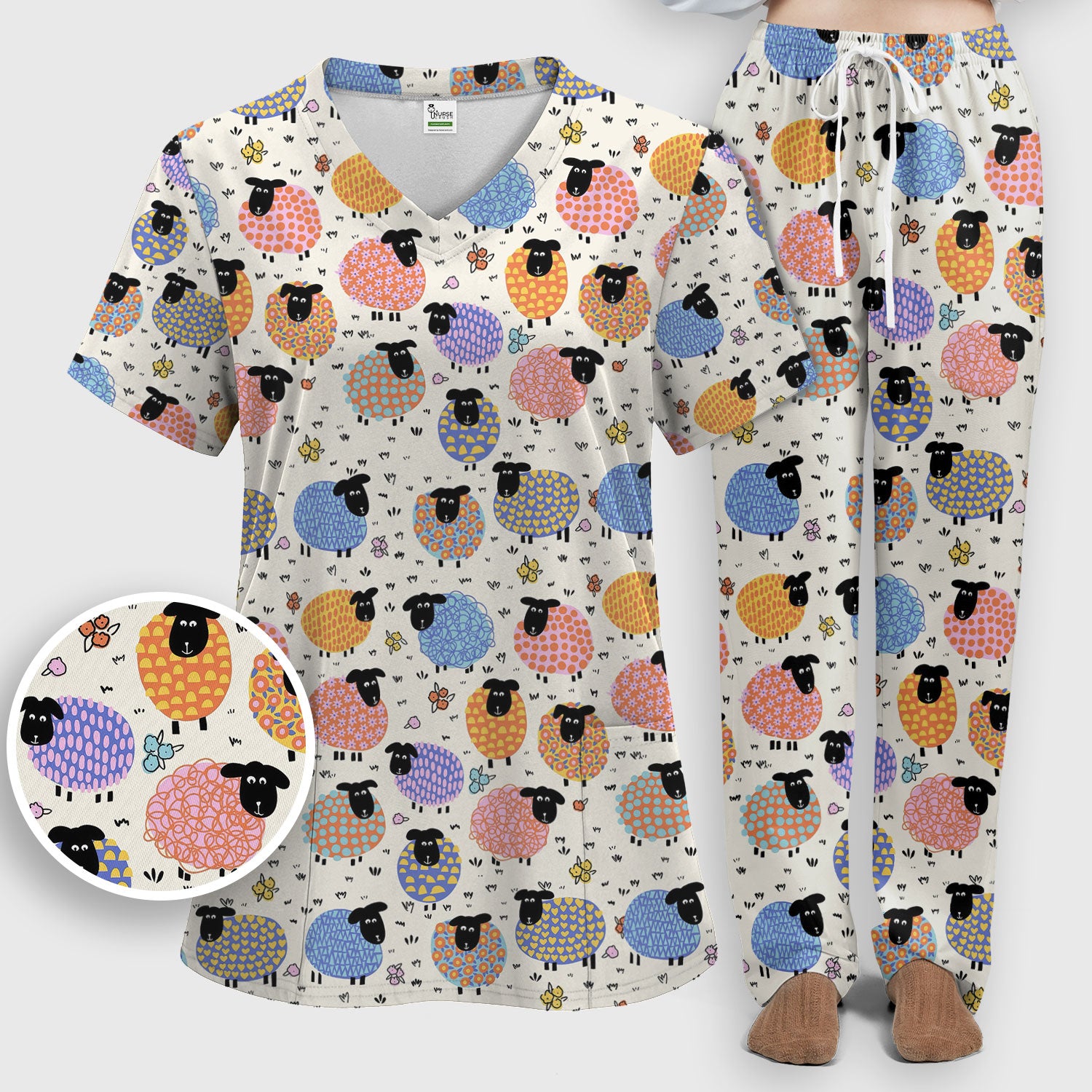 Adorable Colorful Sheep Pattern Scrubs Sets, Breathable Med Uniform