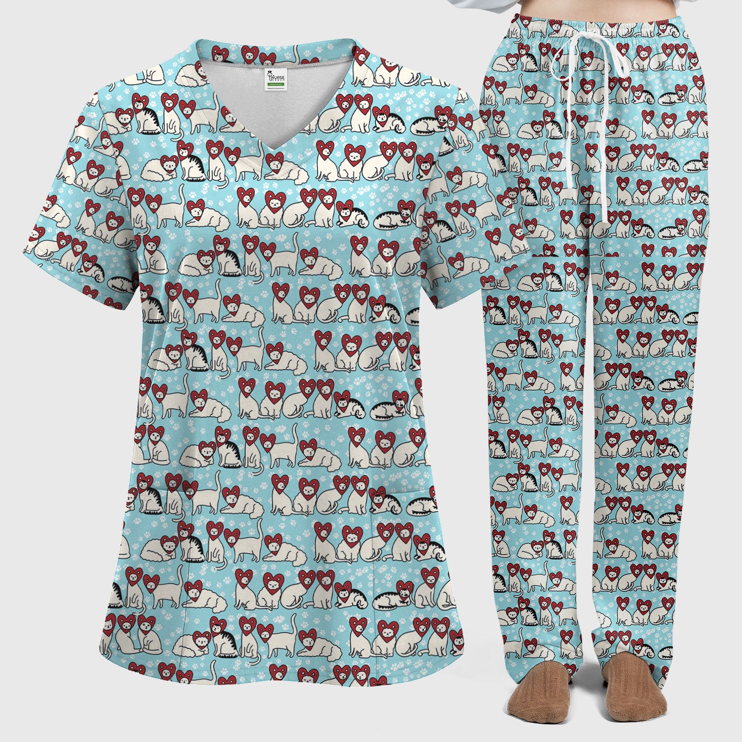 Cute Cat Heart Pattern Scrub Set, Funny Cat Scrub Shirt For Nurses, Breathable Fabrics Nursing Uniform
