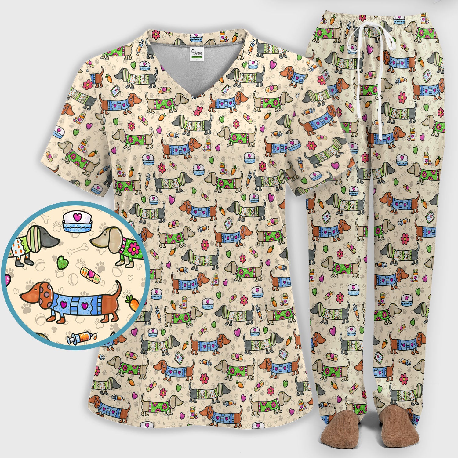 Cute Dachshund Nurse Scrub Set, Funny Wiener Dog Nursing Shirt, Breathable Fabrics Nursing Uniform