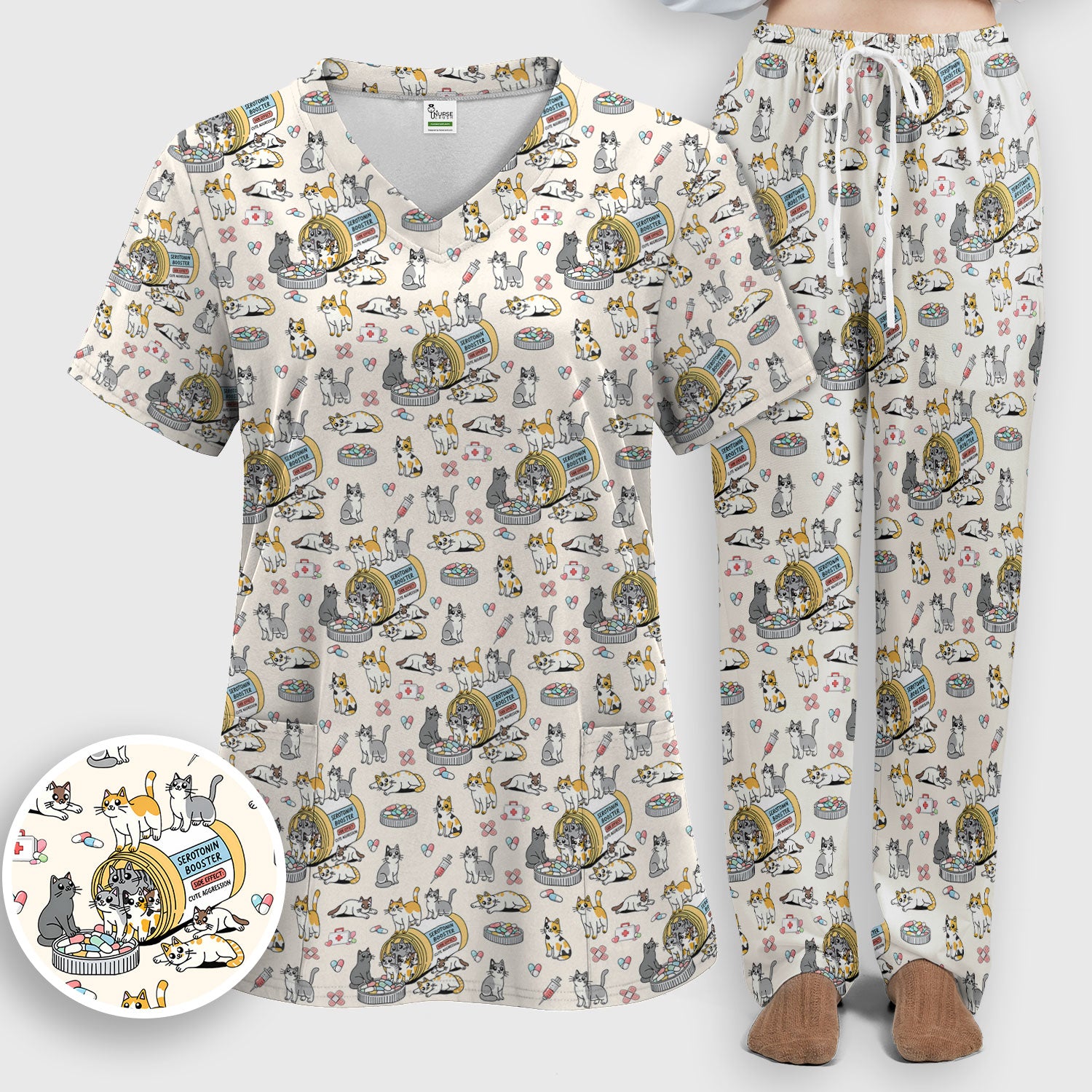 Cute Cat Serotonin Booster Pattern Women's Scrub Set, Breathable Med Uniform