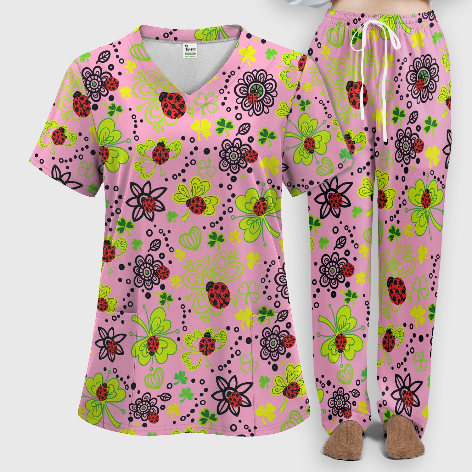 Ladybug Clover Floral Pattern Print Scrub Sets, Scrub Pants and V Neck Top