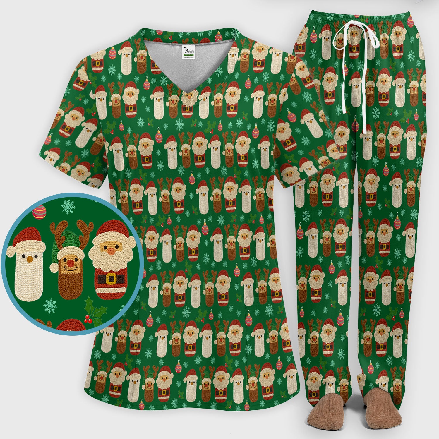 Christmas Santa Reindeer Snowman Scrub Set - Holiday Chill Pill Scrubs Pants and V Neck Top - Funny Medical Uniform for Women