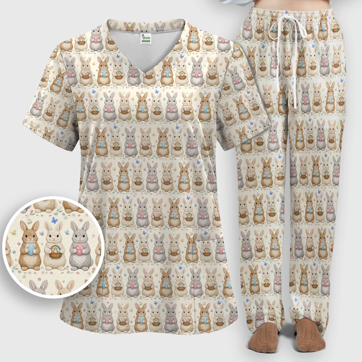 Easter Bunny Basket Pastel Print Sets, Scrub Pants and V Neck Top