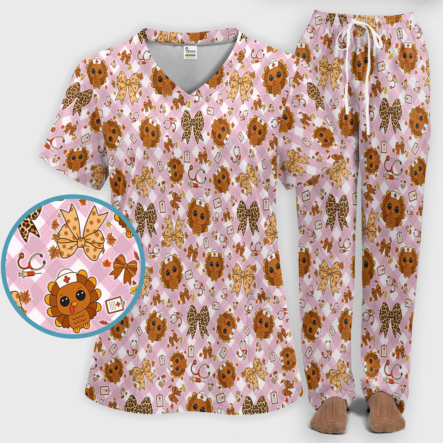 Thanksgiving Turkey Scrub Set for Nurses - Cute Fall Leaves and Bow Scrubs Pants and V Neck Top - Autumn Nursing Gift for Her