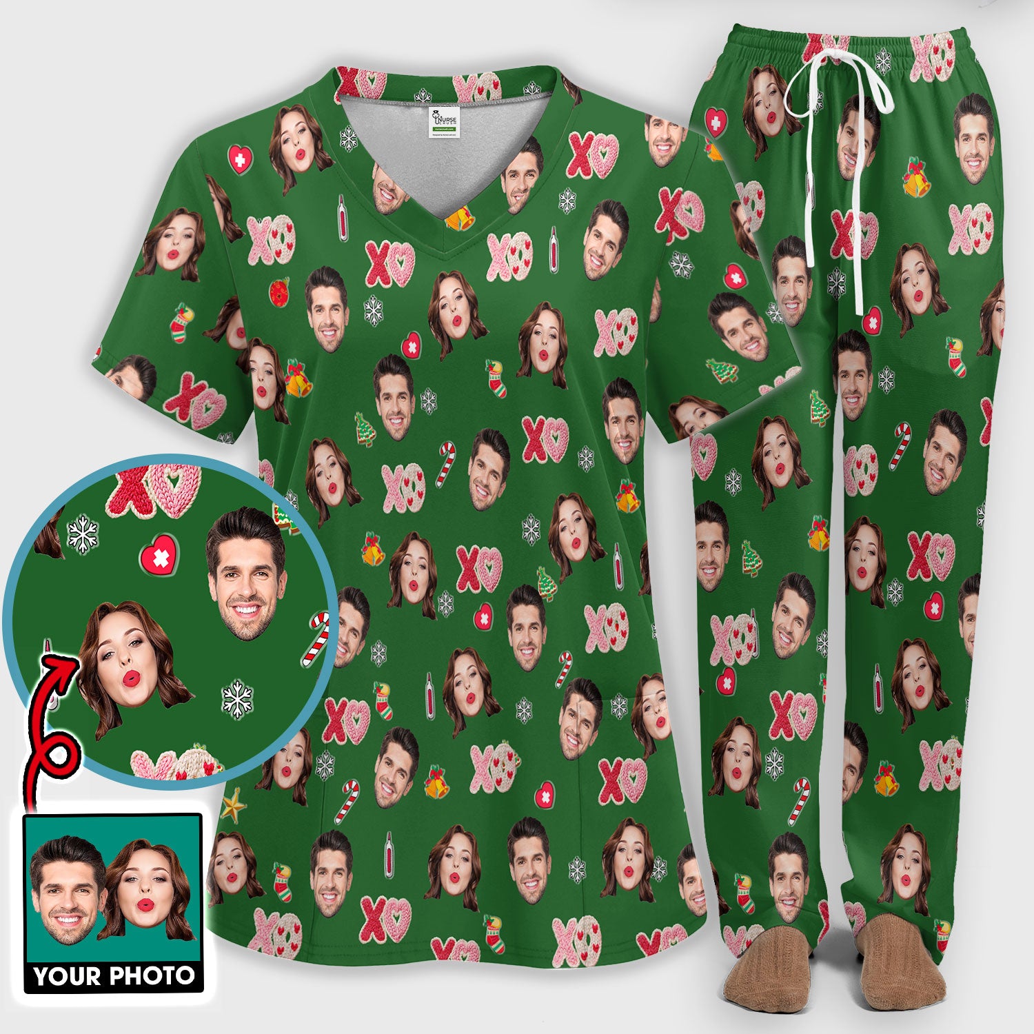 Personalized Photo Scrub Set, Custom Face XOXO Scrub Shirt, Breathable Fabrics Nursing Uniform