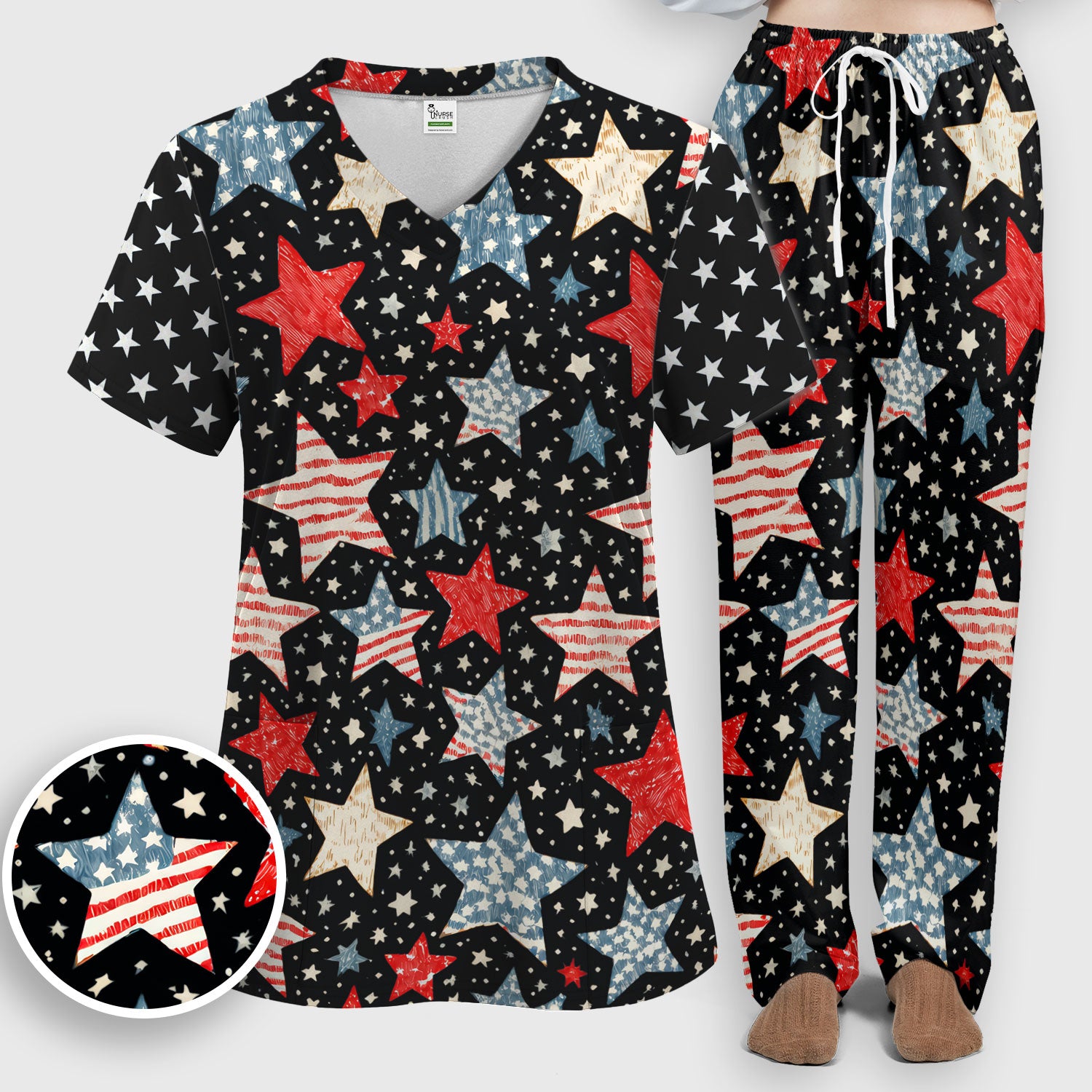 Patriotic Star Pattern Women's Scrub Set, Scrub Pants and V Neck Top