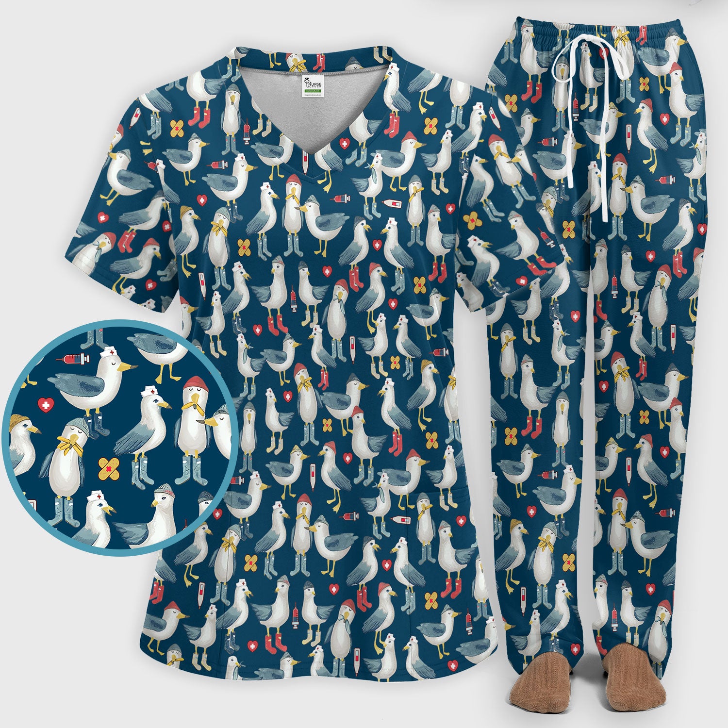 Seagull Scrub Set for Nurses - Adorable Birds Medical Uniform - Funny Scrubs Pants and V Neck Top for RN CNA LPN