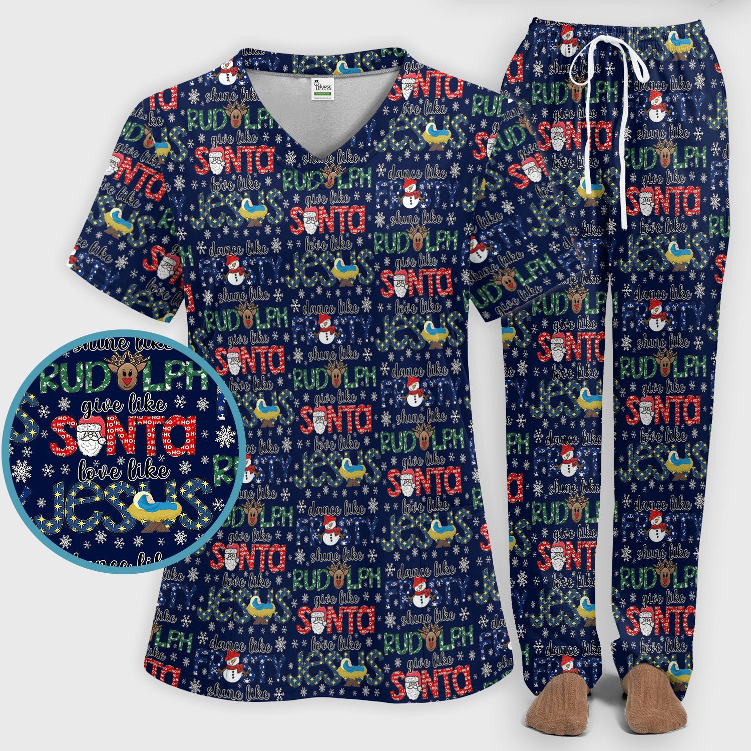 Xmas Rudolph Comfortable Scrub Set for Nurses - God Santa Scrub Pants and V Neck Top - Breathable Med Uniform