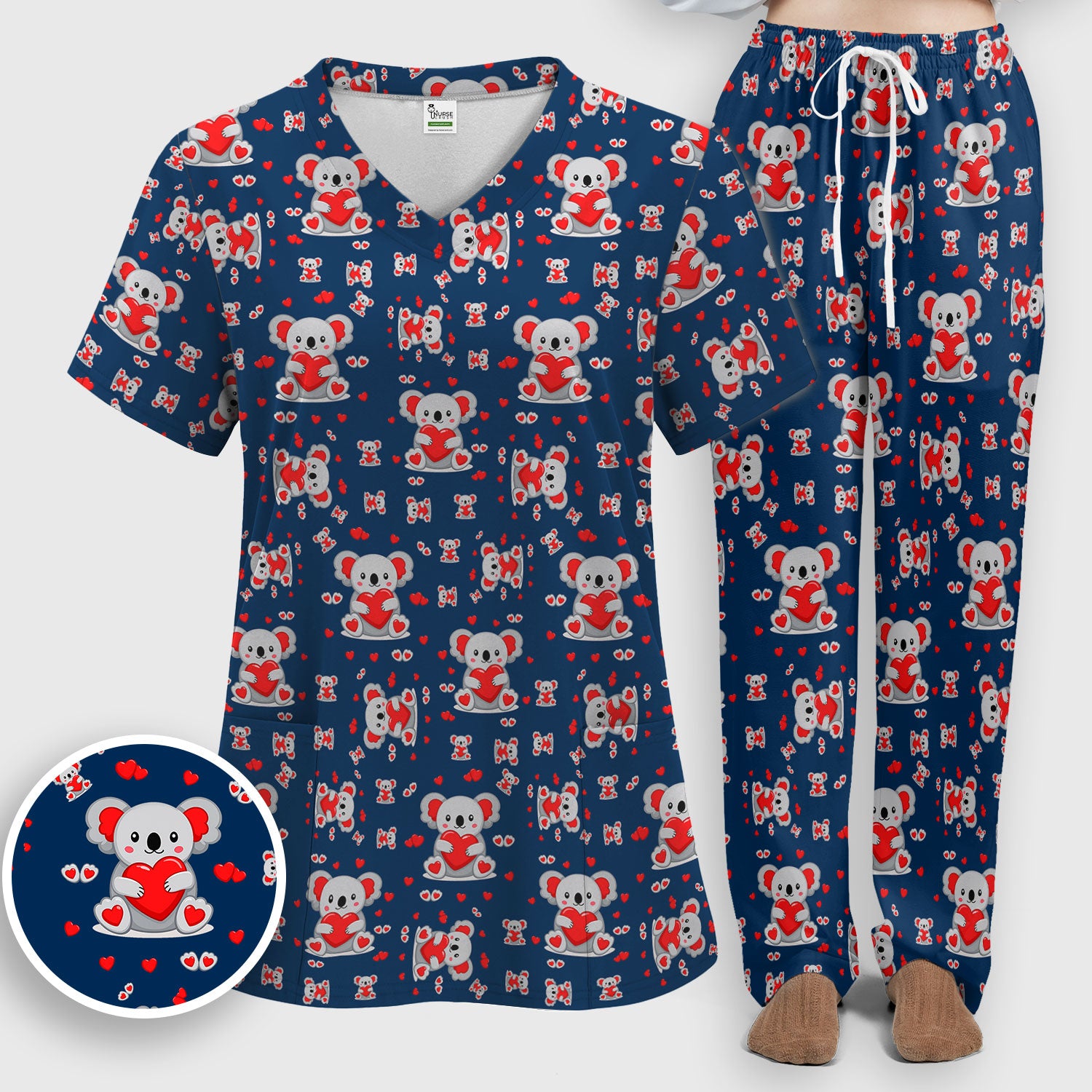 Valentine Cute Koala Heart Pattern Medical Outfit, Women's Scrub Sets