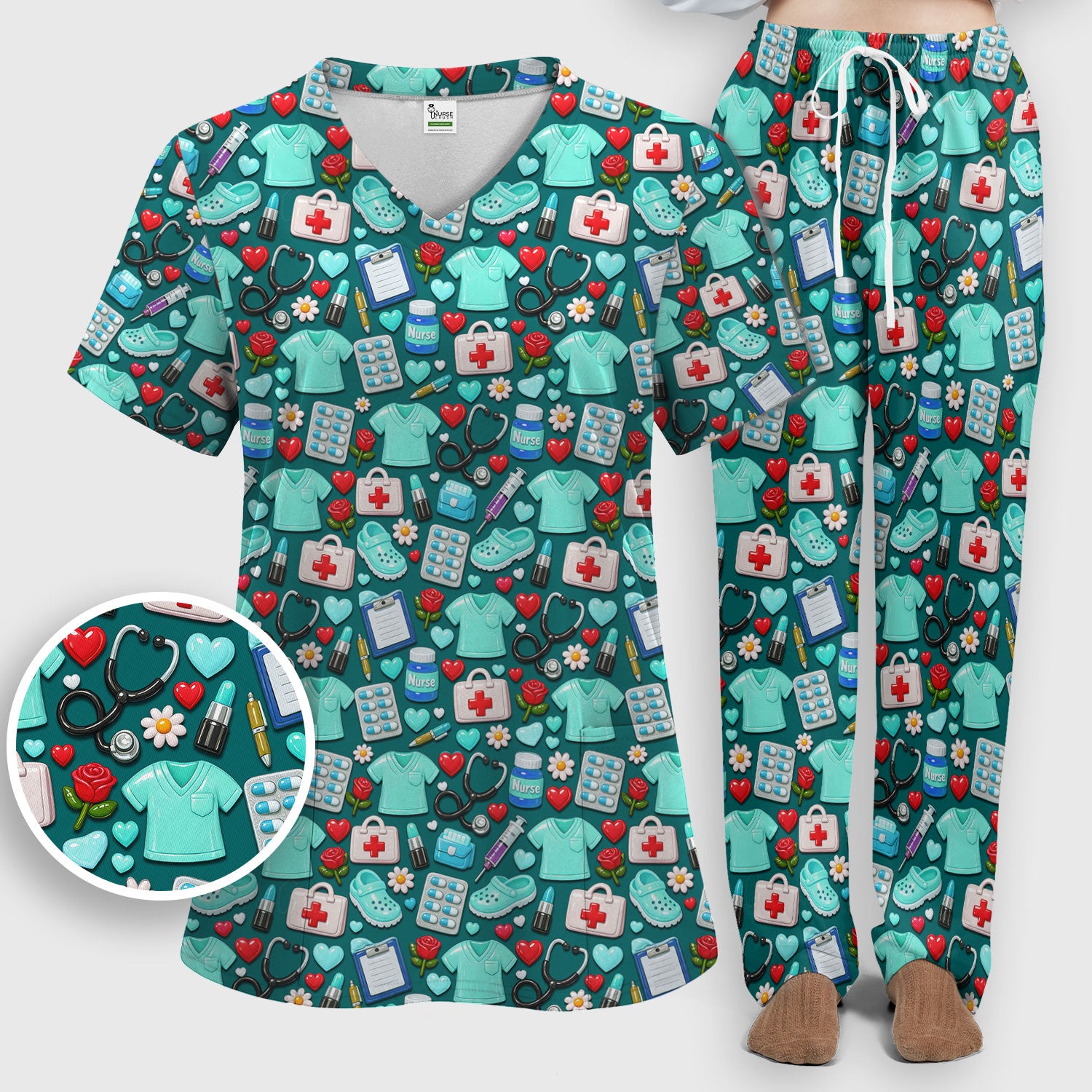 Medical Icons Scrub Set, Cute Pattern Nurse Shirt, Breathable Fabrics Nursing Uniform