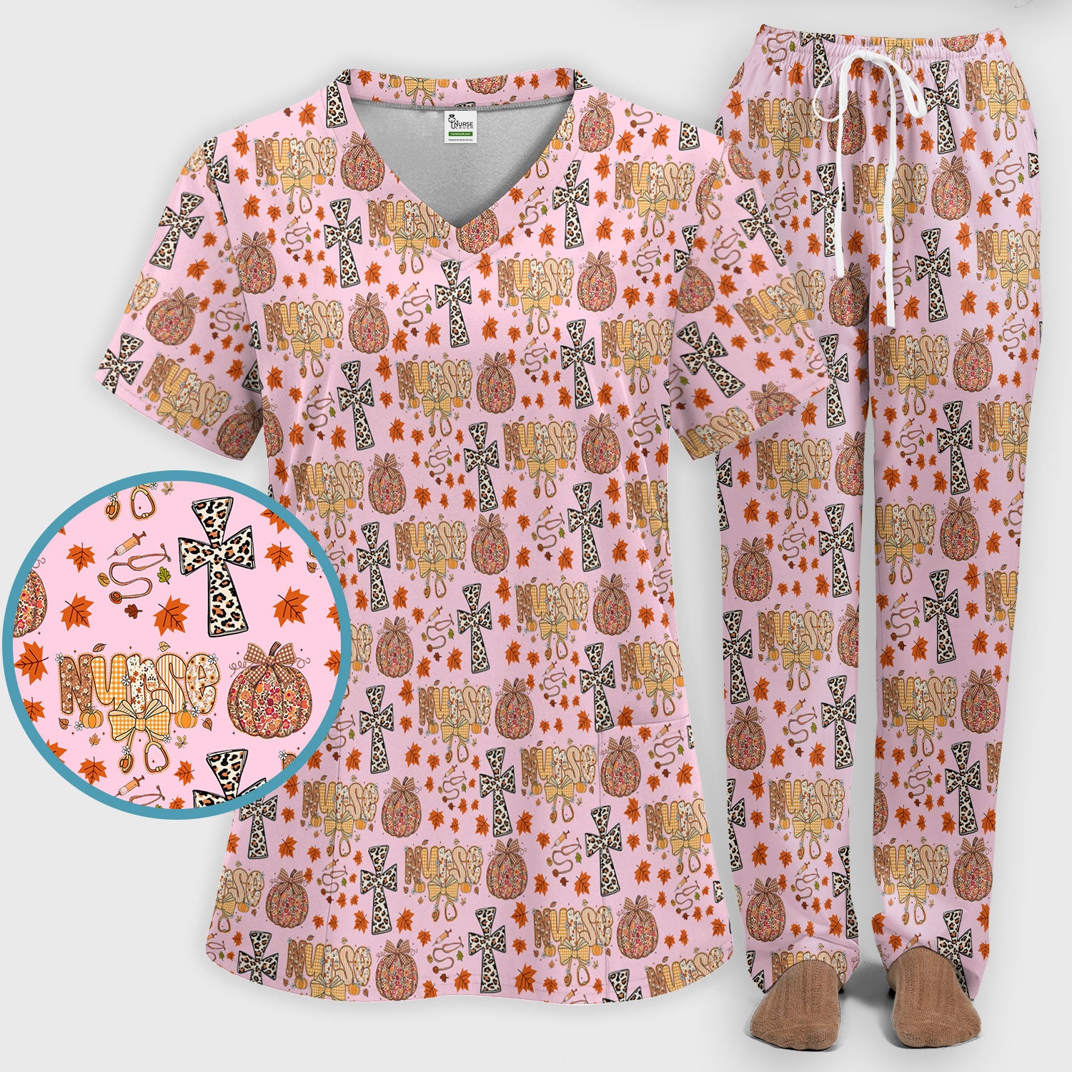 I Will Praise Him In Every Season - Boho Pumpkin Leopard Cross Fall Scrub Sets for Nurse - Thanksgiving Med Uniform for Women