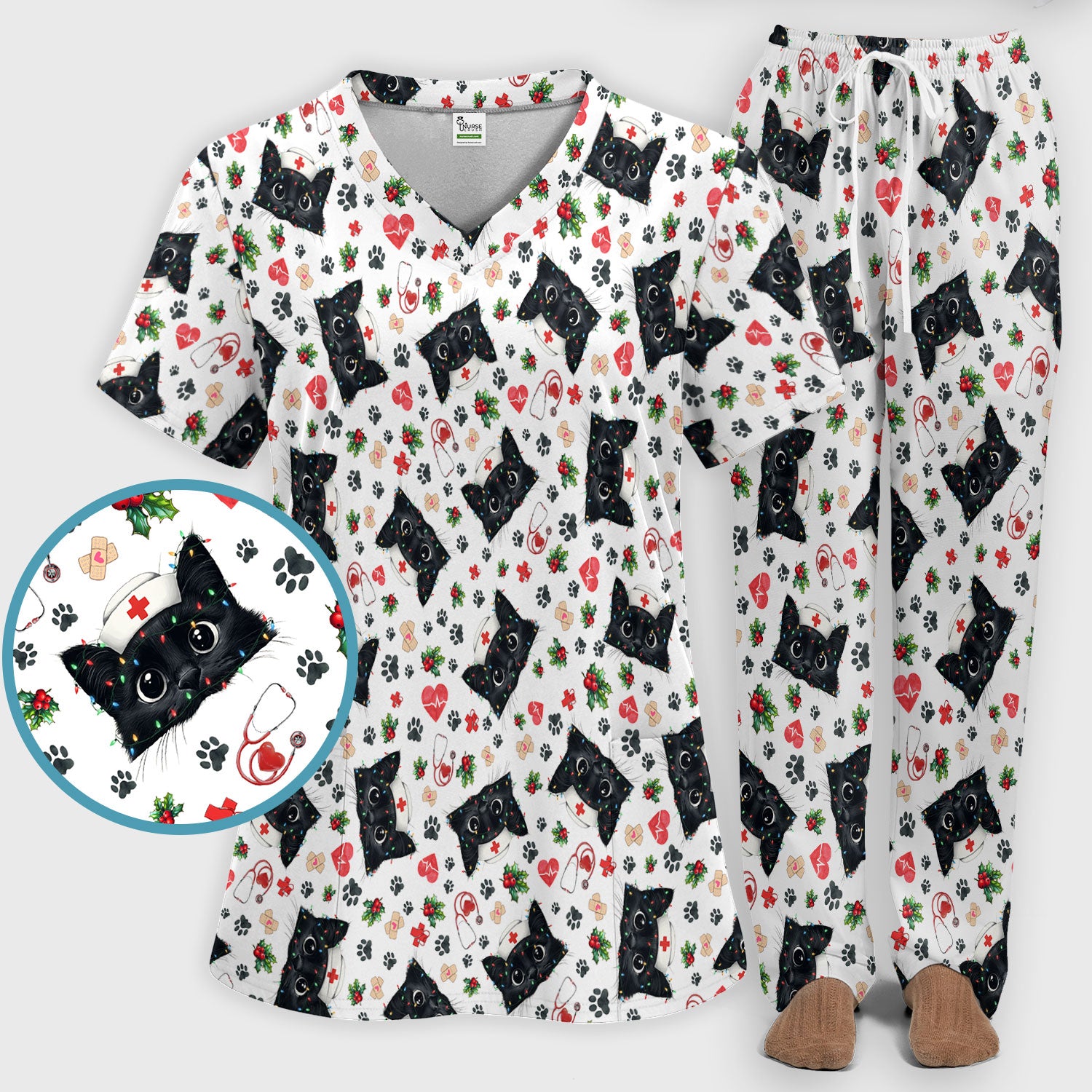 Black Cats Comfortable Scrubs for Nurses - Cute Kittens Christmas Scrubs Pants and V Neck Top - Breathable Med Uniform Gift for Women