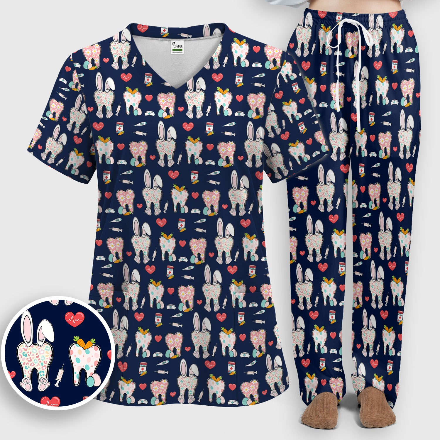 Playful Bunny Dentist Illustration Medical Set, Scrub Pants and V Neck Top