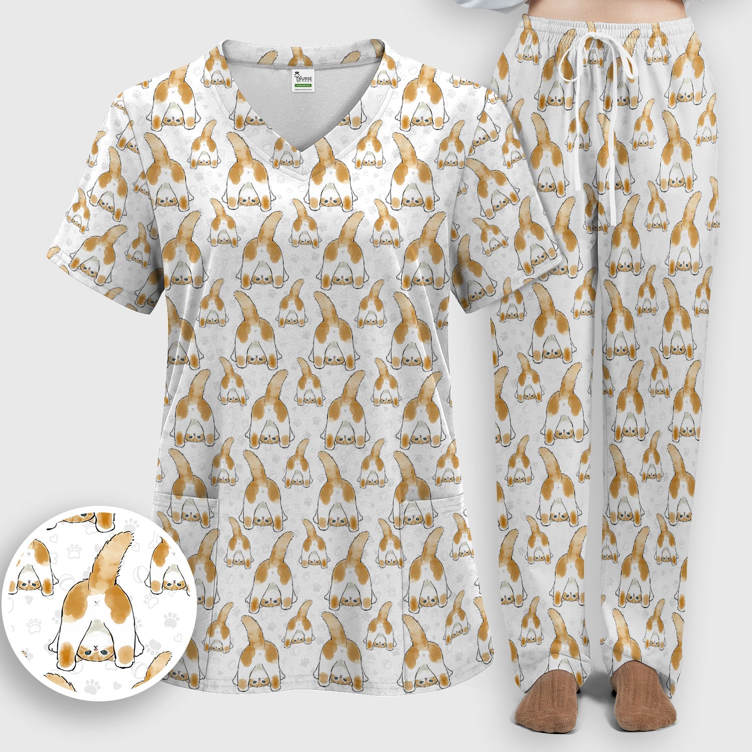 Cute Cat Butt Nurse Scrub Set, Cat Pattern Medical Shirt For Pet Lover, Breathable Fabrics Nursing Uniform