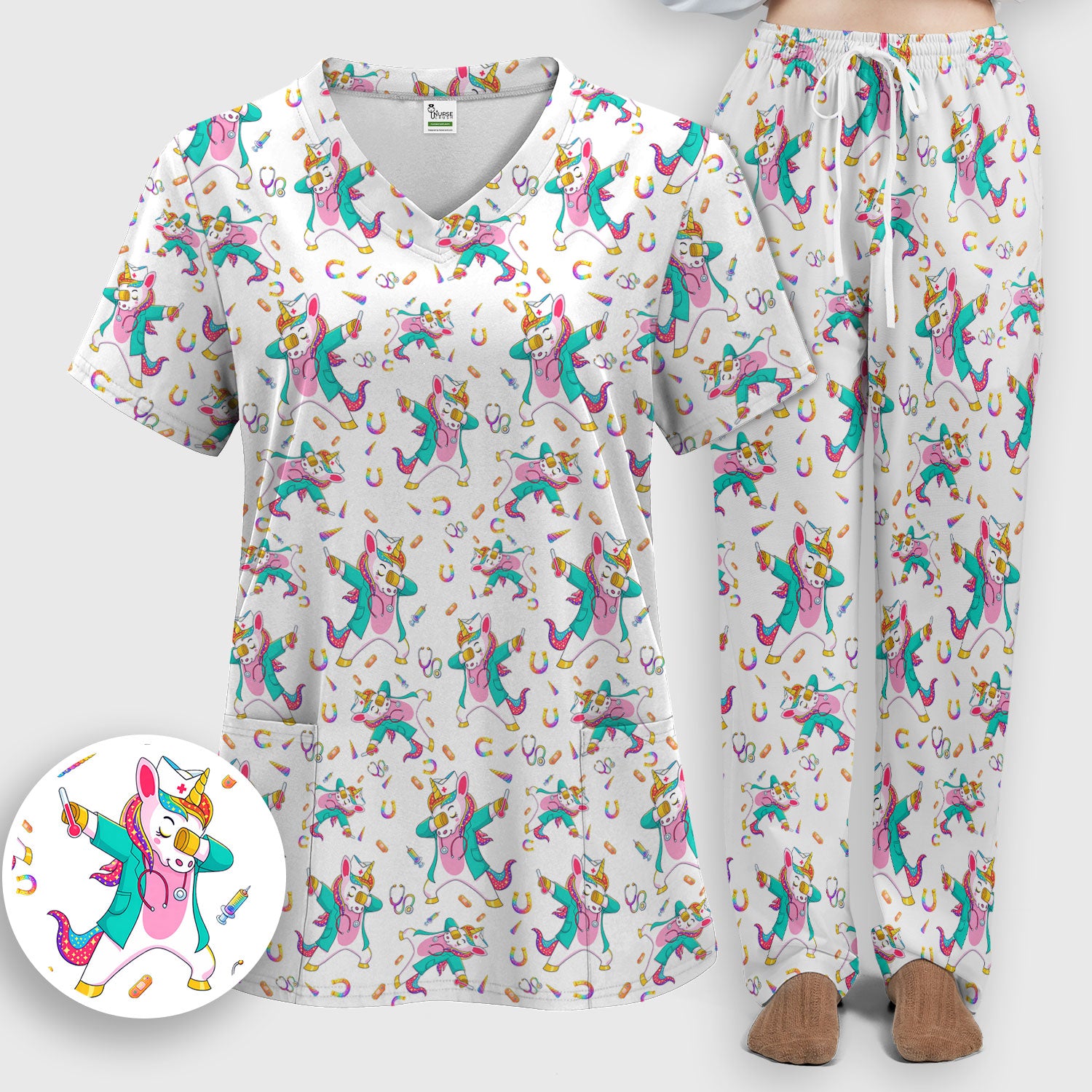 Cute Unicorn Nurse Dance Pattern Women's Sets, Scrub Pants and V Neck Top
