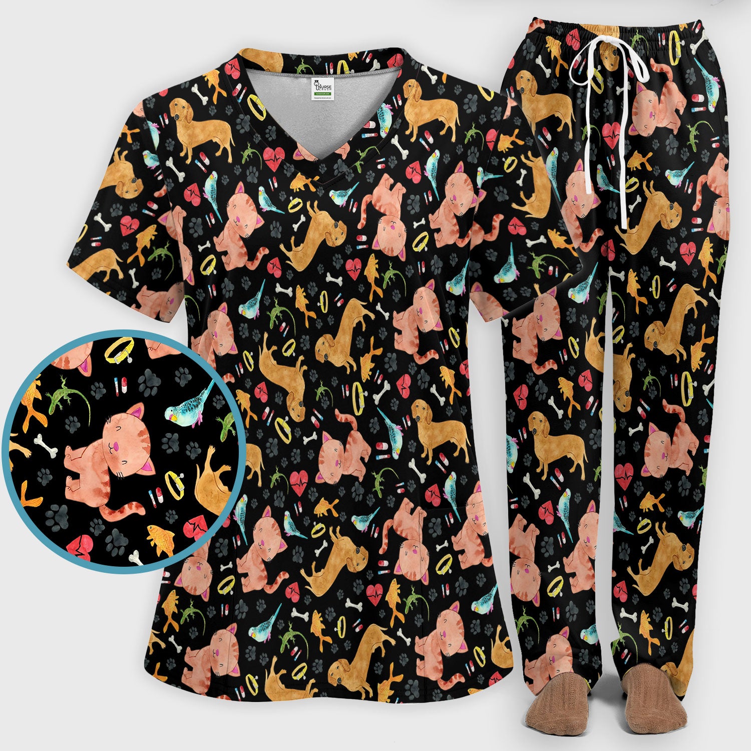 Cat Dog Veterinary Scrub Set - Cute Animal Paw Print Medical Pants and V Neck Top for Women RN CNA Vet Tech