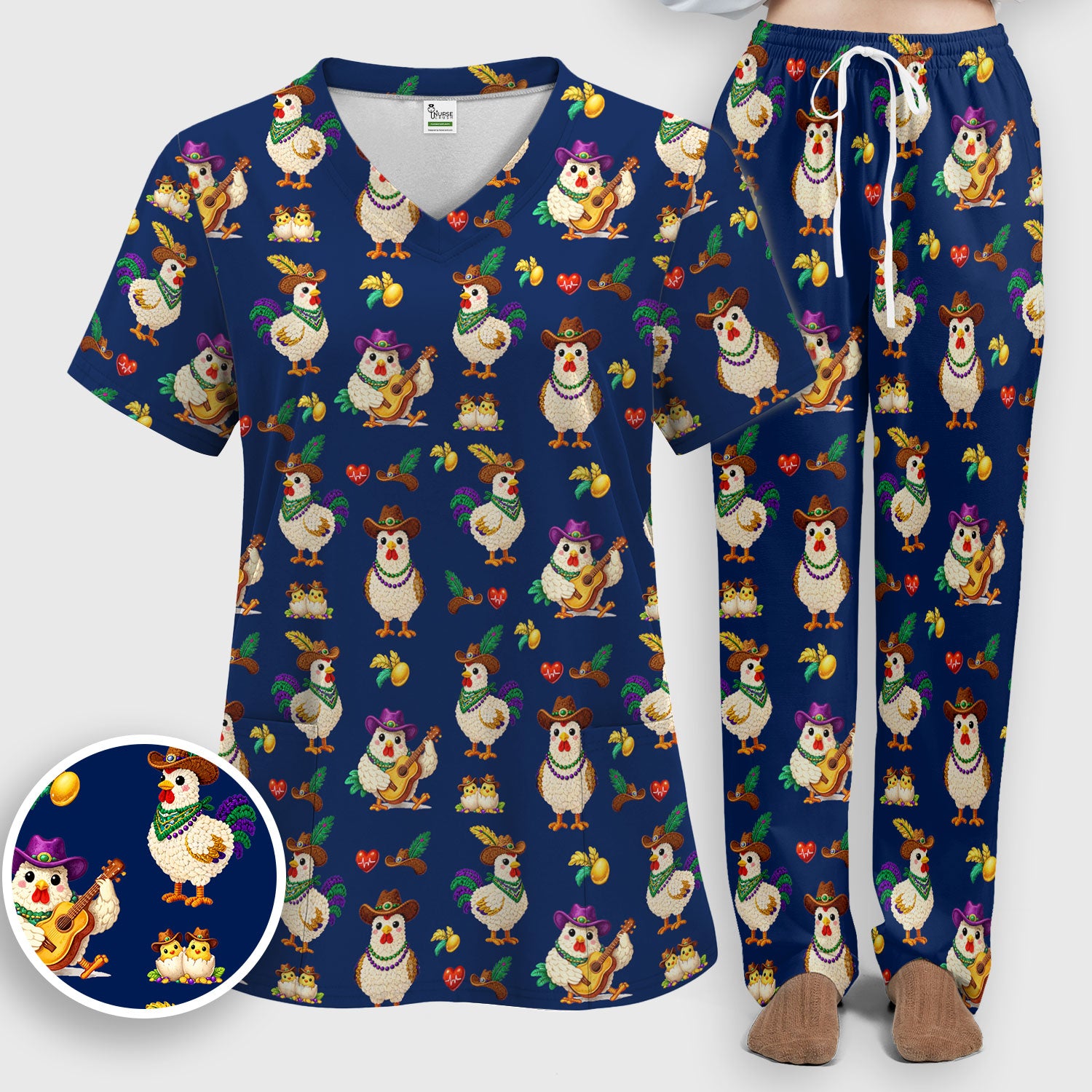 Funny Mardi Gras Rooster Cowboy Print Set, Women's Scrub Sets