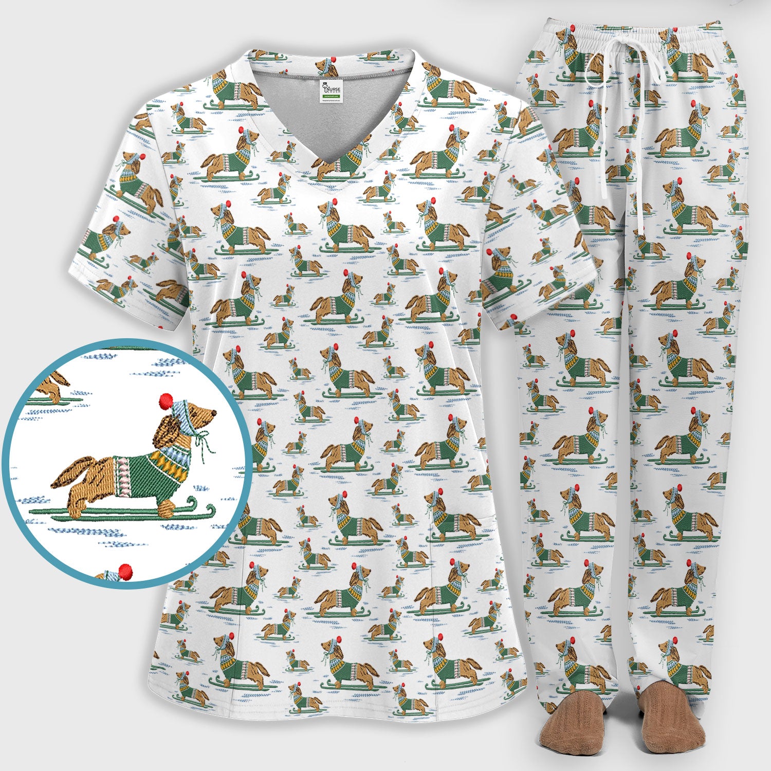 Dachshund Nurse Scrub Set, Wiener Dog Winter Pattern Shirt, Breathable Fabrics Nursing Uniform