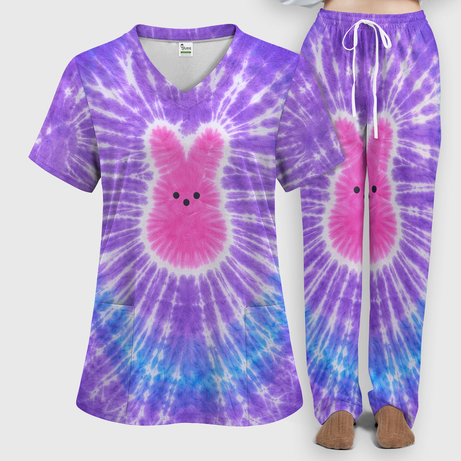 Easter Peep Tie Dye Scrub Set, Easter Bunny Nurse Shirt For Women, Breathable Fabrics Nursing Uniform