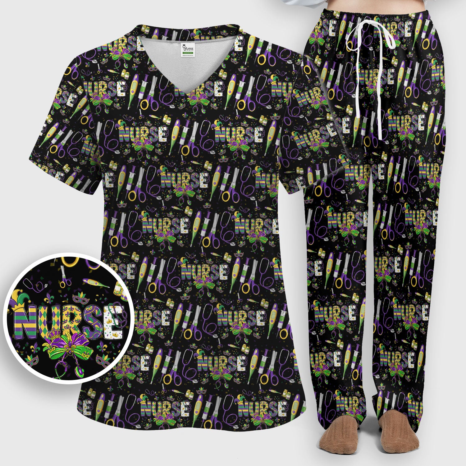 Mardi Gras Nurse Scrub Set, Holiday Medical Pattern Nurse Shirt, Breathable Fabrics Nursing Uniform