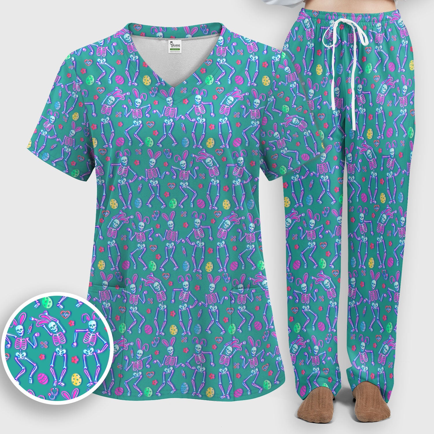 Neon Easter Skeleton Print Scrub Set, Scrub Pants and V Neck Top