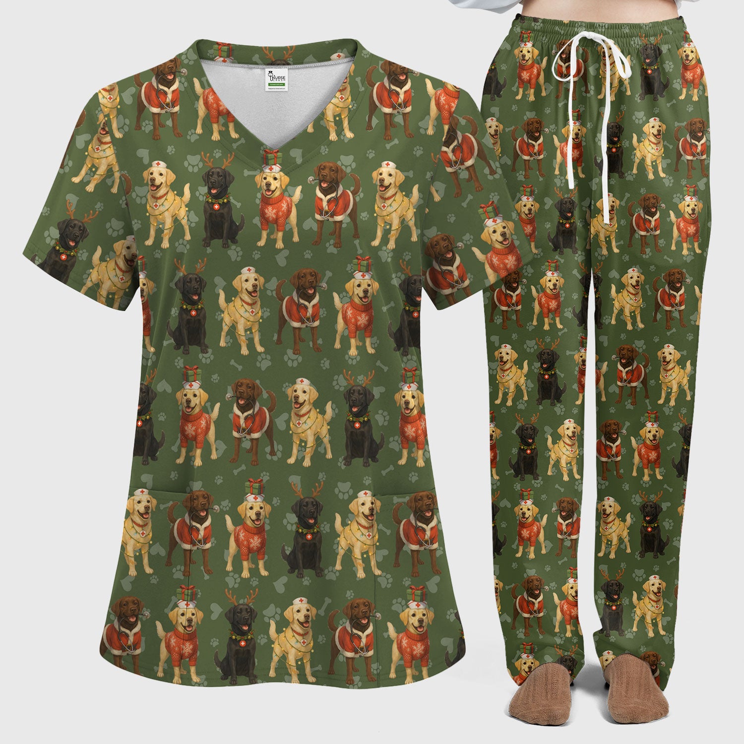 Dog Scrubs Christmas Set for Women - Labrador Puppy Pattern Scrub Top & Pants - Holiday Christmas Scrubs with Cute Dog Print