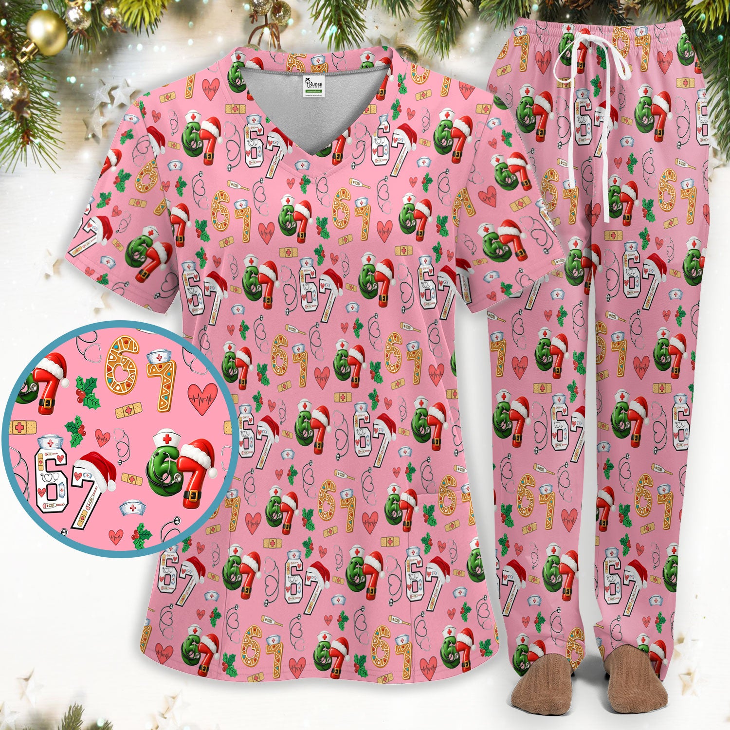 Christmas Nurse 67 Pattern Scrub Set, Cute Holiday Medical Uniform With Santa Hat, Uniform For Nursing