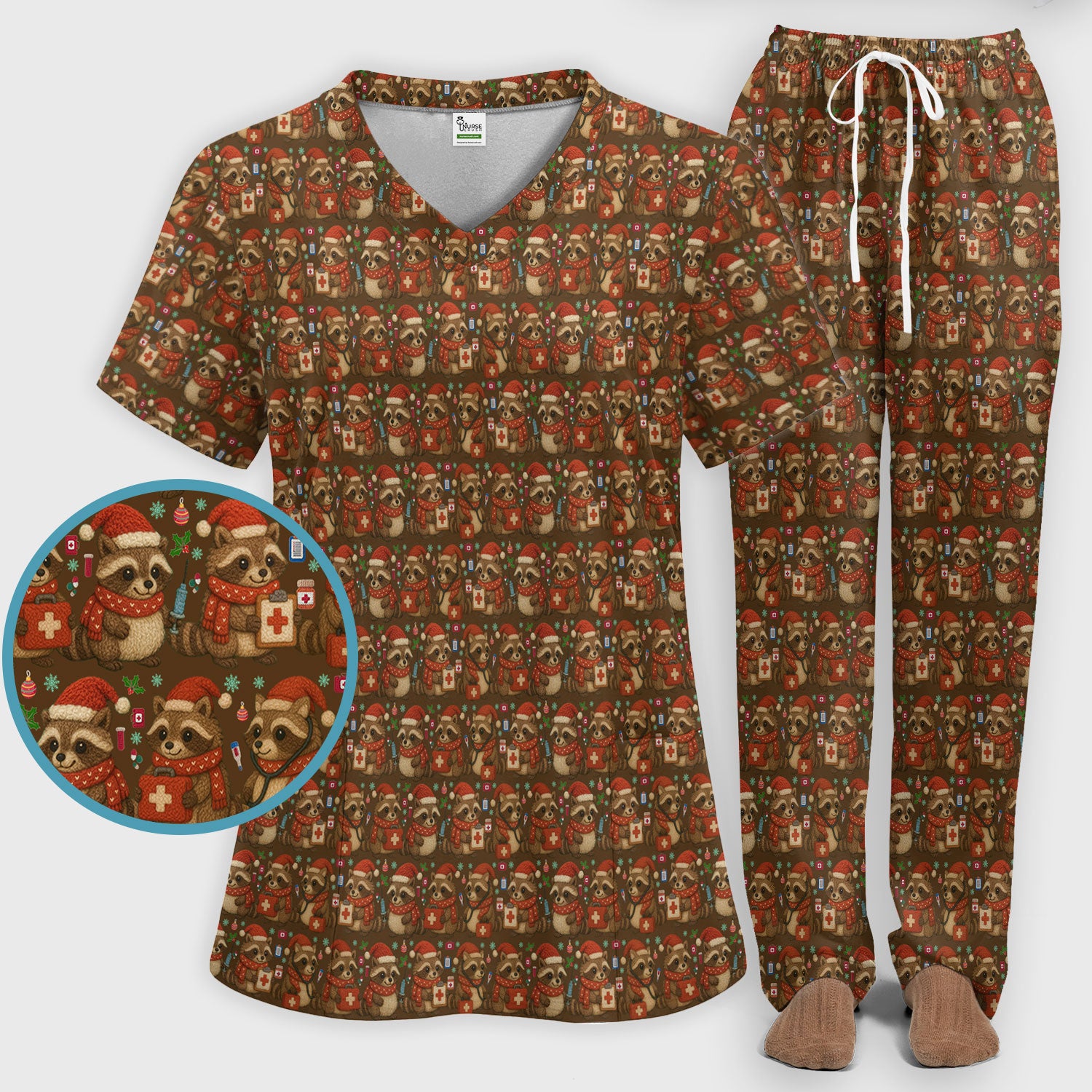 Christmas Scrub Set – Nurse Raccoon Pattern Shirt – Cute Medical Uniform For Nursing