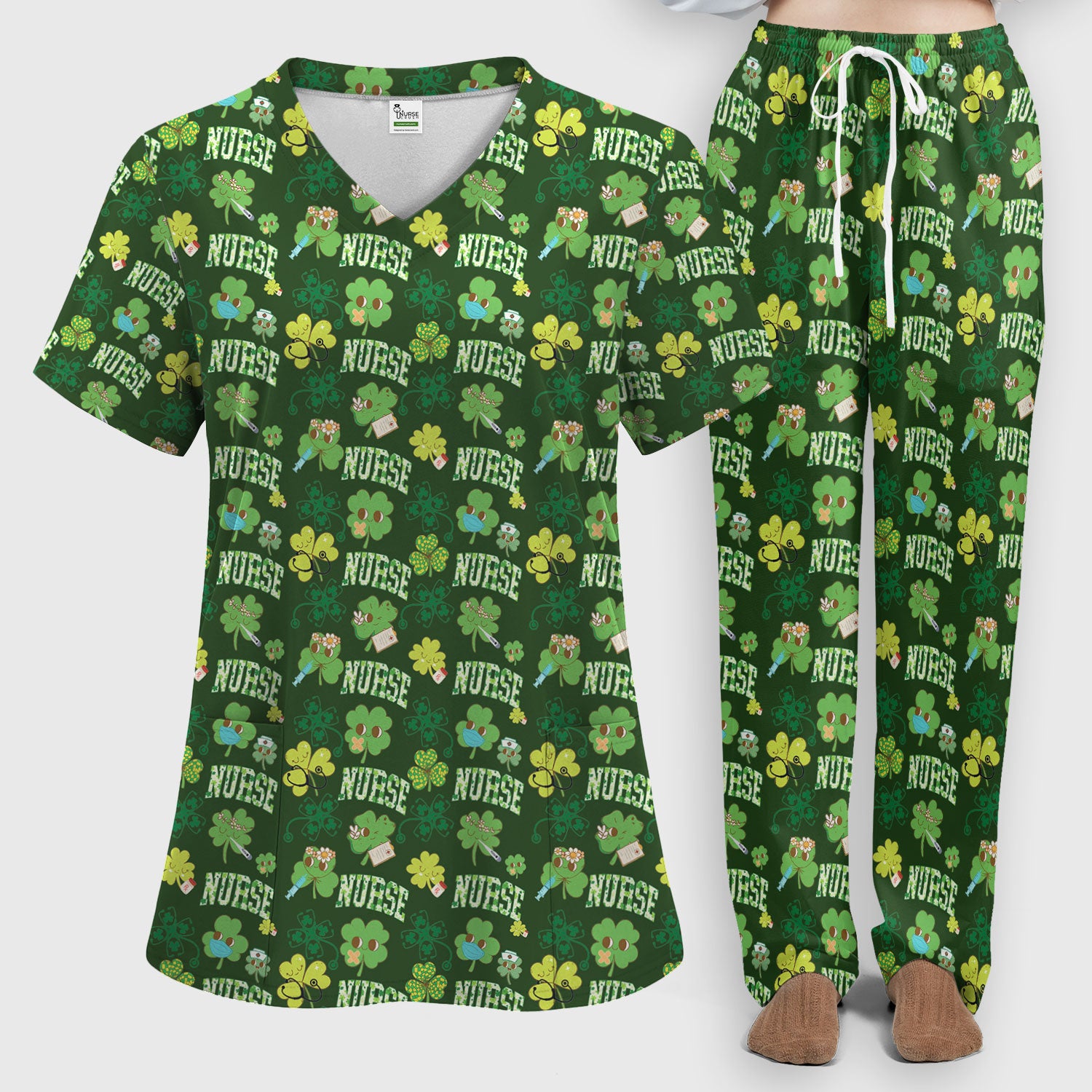 Lucky Shamrock Nurse Scrub Set, St. Patrick’s Day Nursing Shirt, Breathable Fabrics Nursing Uniform