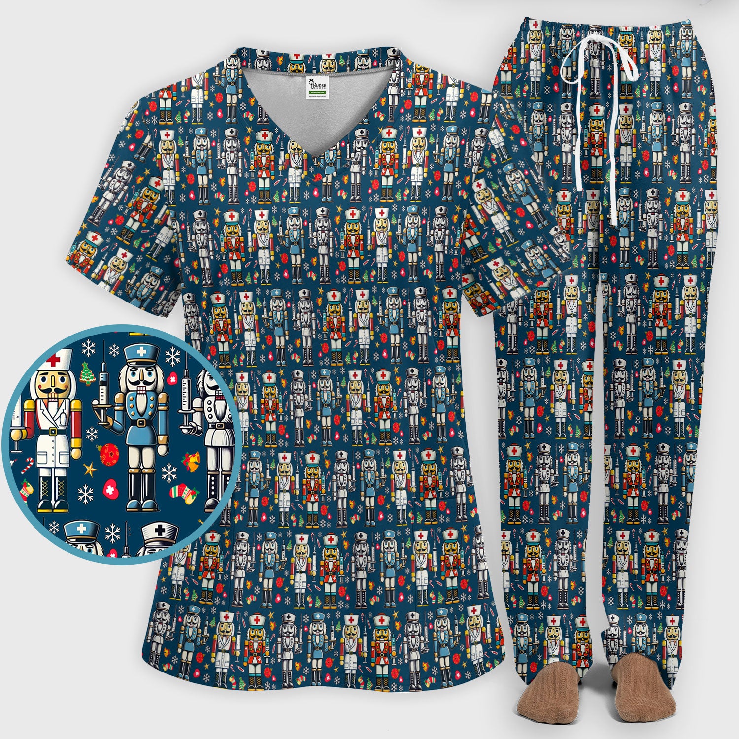 Funny Nutcracker Christmas Scrub Set – Cute Holiday Nurse Pattern Shirt – Festive Medical Uniform for RN, LPN, CNA, and Healthcare Workers
