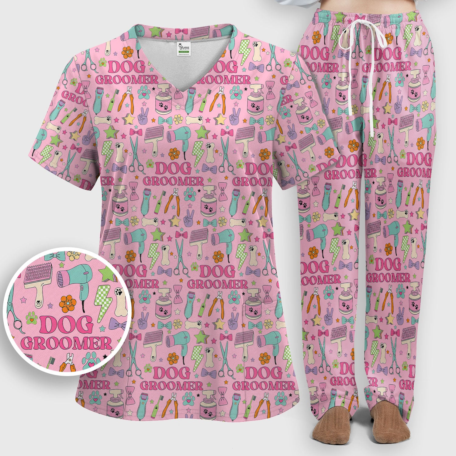 Dog Groomer Tools Pattern Women's Scrub Set, Scrub Pants and V Neck Top