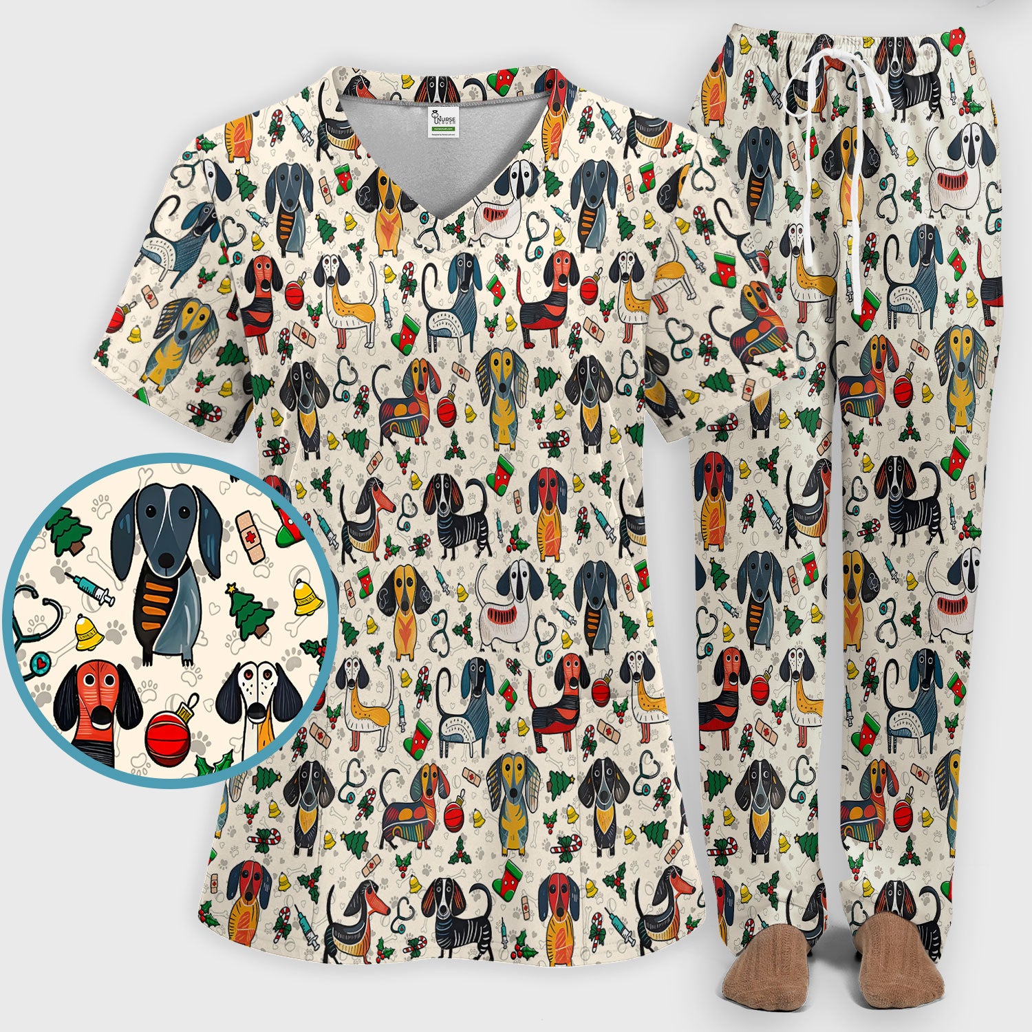 Christmas Wiener Dog Scrub Set - Funny Sausage Dog Pants and V Neck Top - Holiday Medical Uniform
