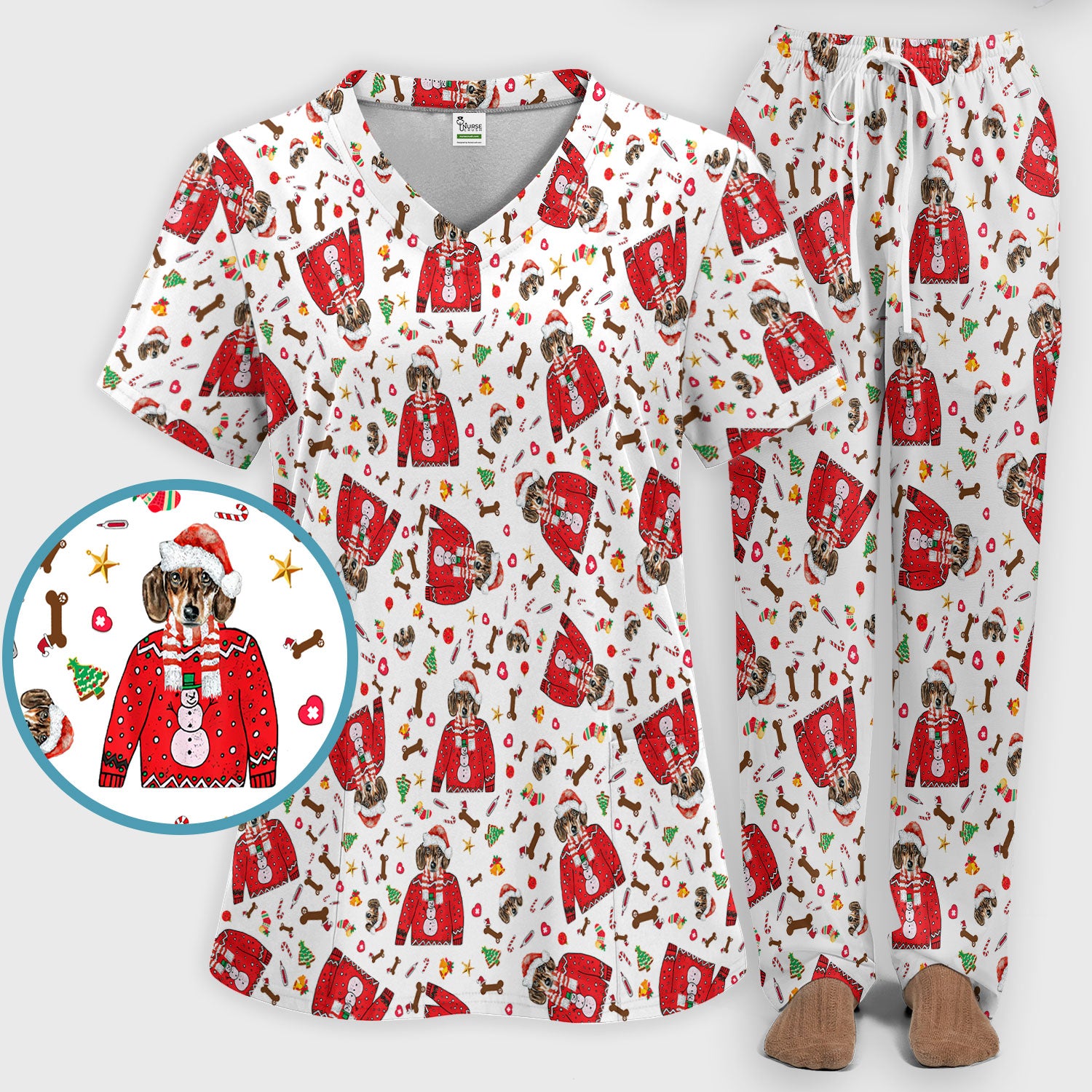 Funny Dog Christmas Scrub Set – Cute Puppy in Santa Outfit Pattern – Festive Holiday Medical Uniform For Nurses And Pet Lovers