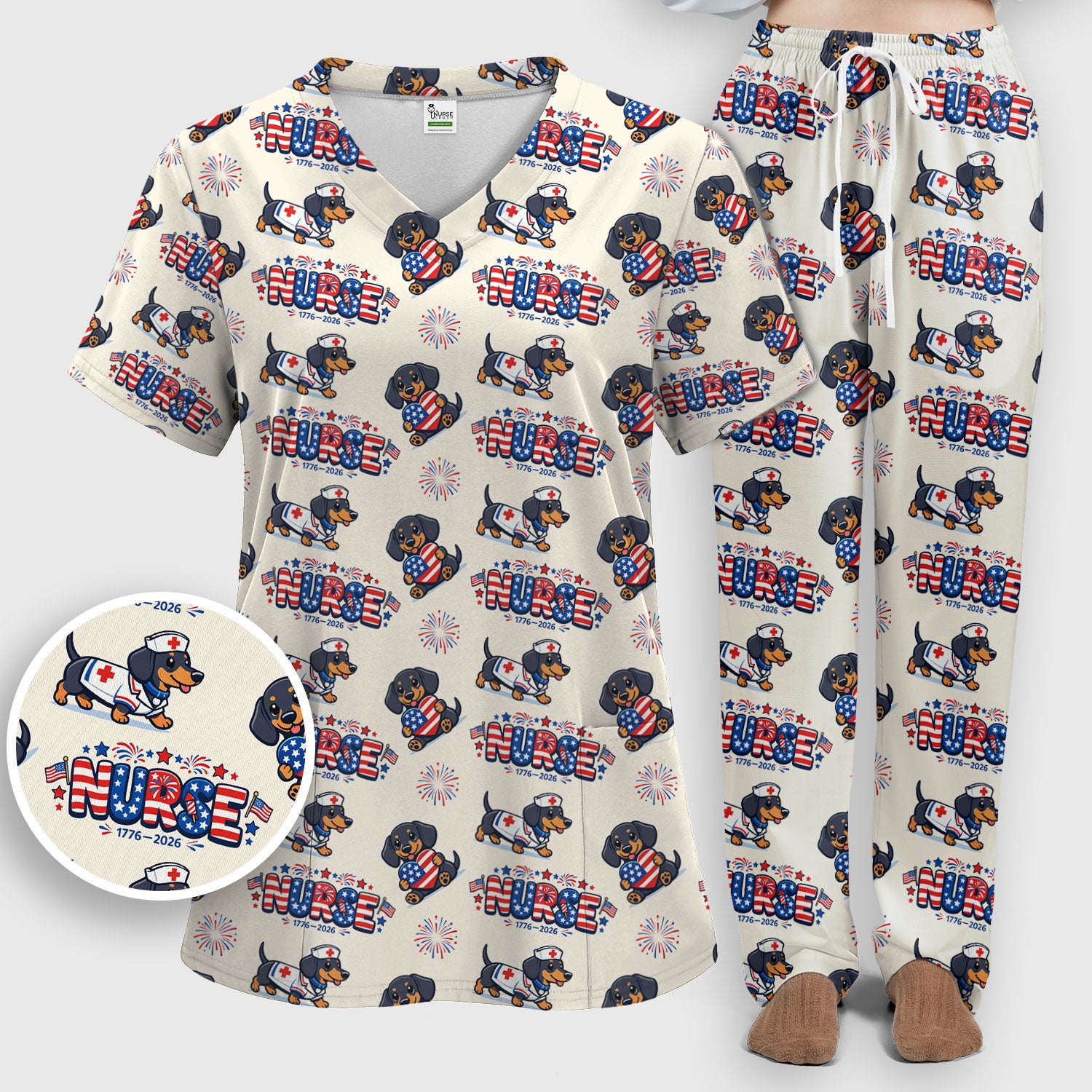 Proud Nurse Patriotic Dachshund Medical Firework Pattern Scrub Set, Nurse Uniform Scrubs Set