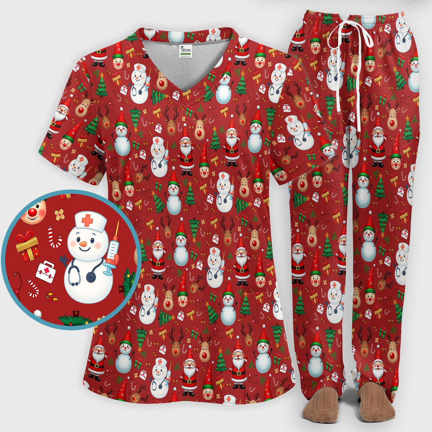 Christmas Nurse Scrub Set - Cute Snowman Santa Reindeer Pattern Medical Uniform - Festive Holiday Scrubs Pants and V Neck Top