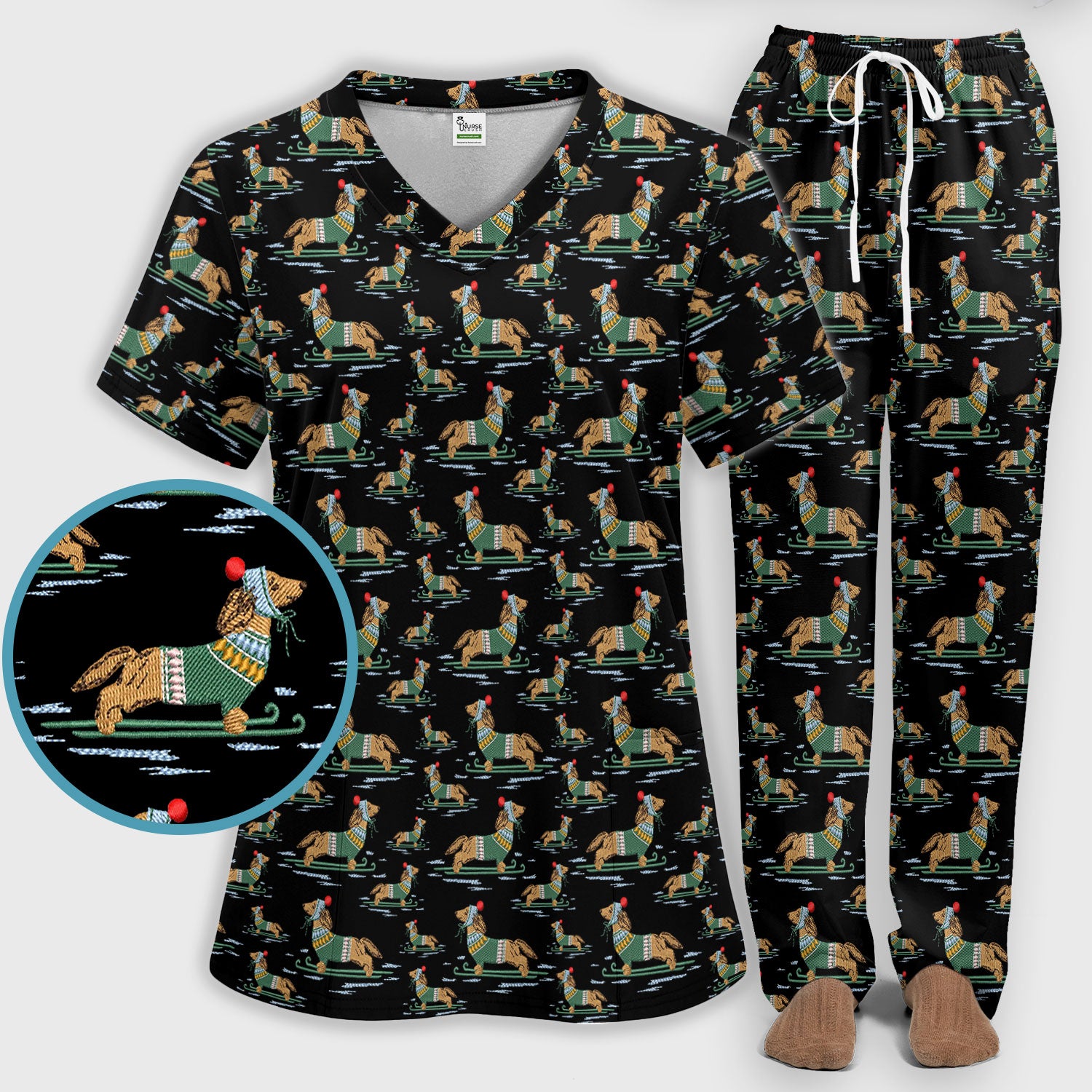 Dachshund Nurse Scrub Set, Wiener Dog Winter Pattern Shirt, Breathable Fabrics Nursing Uniform