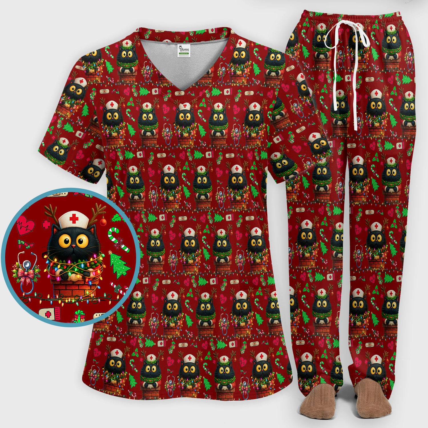 Christmas Black Cat Scrub Set for Nurse - Cute Reindeer Cat with Xmas Lights Pants and V Neck Top - Festive Holiday Medical Uniform