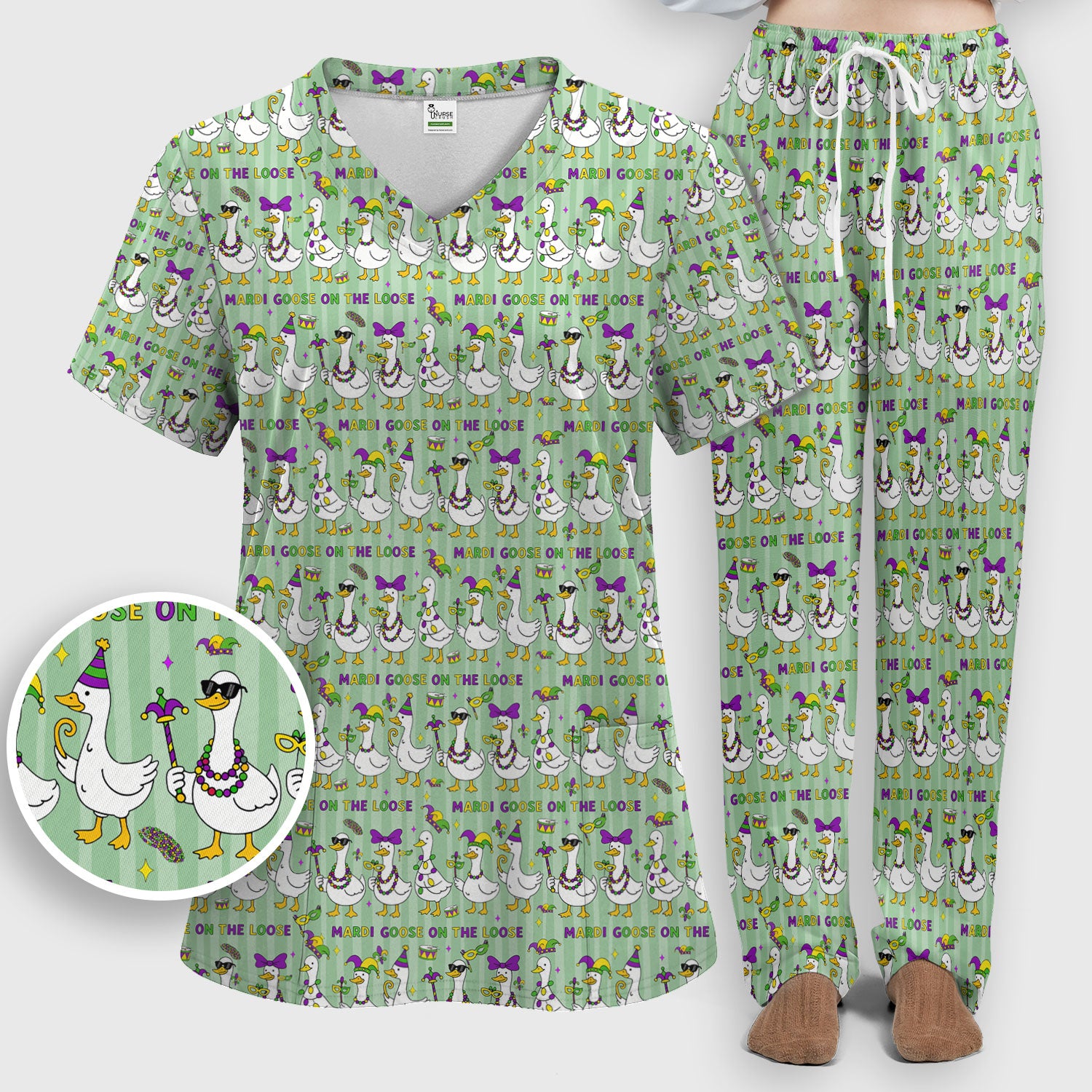 Mardi Gras Goose Nurse Scrub Set, Funny Carnival Medical Pattern Nurse Shirt, Breathable Fabrics Nursing Uniform