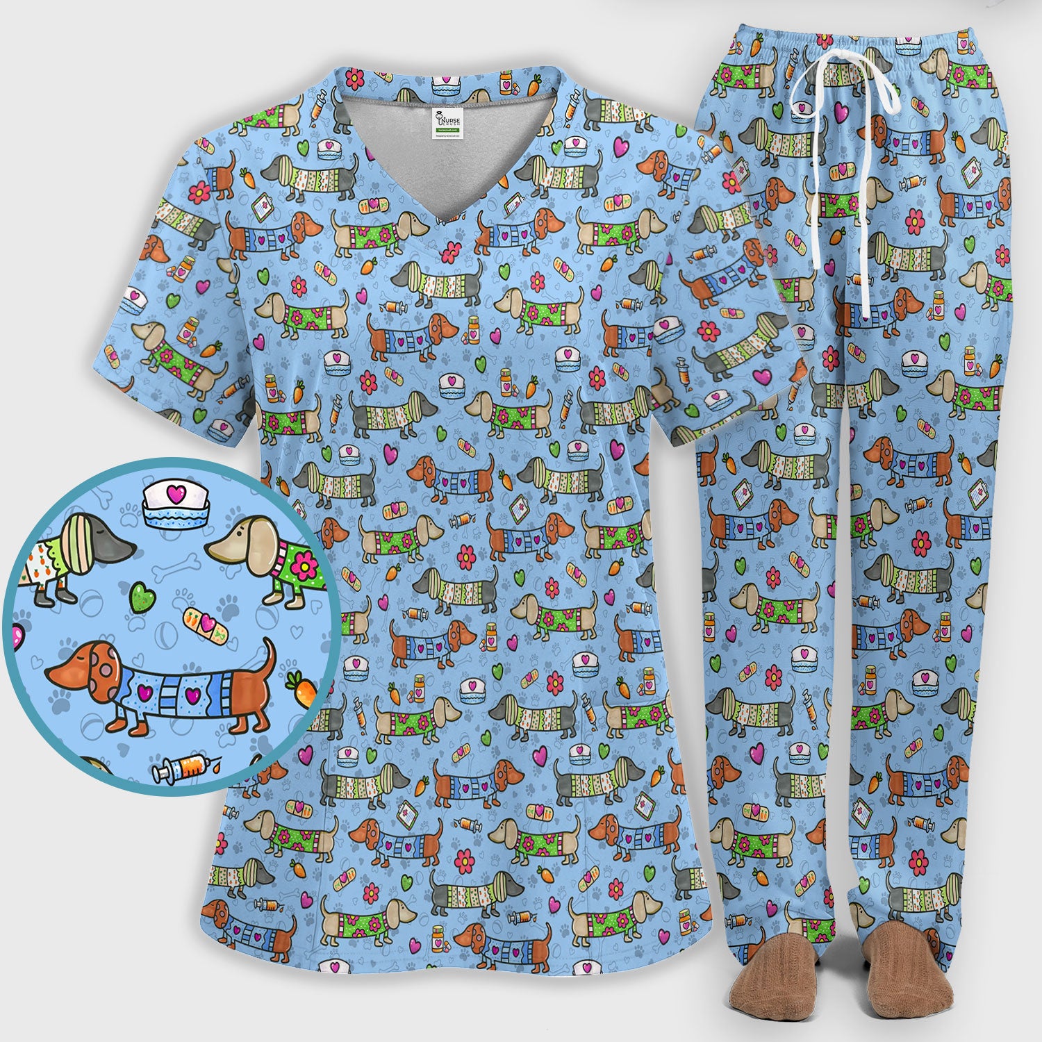 Cute Dachshund Nurse Scrub Set, Funny Wiener Dog Nursing Shirt, Breathable Fabrics Nursing Uniform